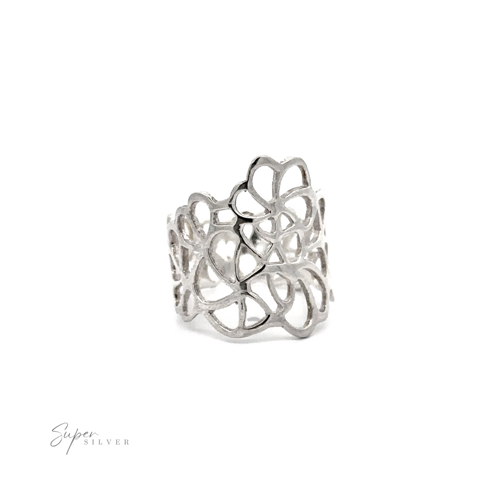 
                  
                    A Wide Ring with Cut Out Flowers made of .925 Sterling Silver featuring an intricate flower design and a wider band.
                  
                