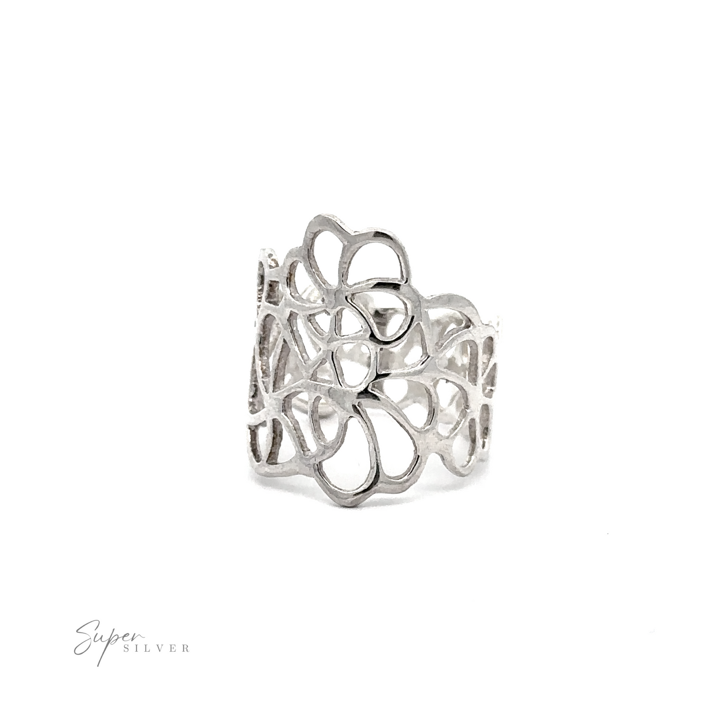 
                  
                    A Wide Ring with Cut Out Flowers in sterling silver with a floral design band.
                  
                