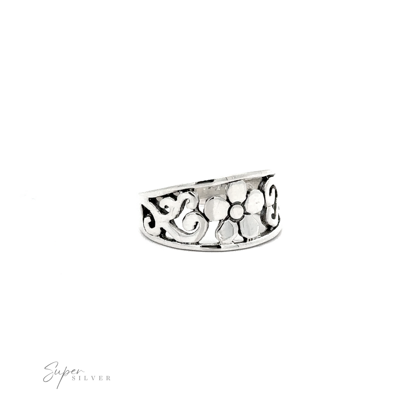 
                  
                    A minimalist Flower Ring With Tapered Band and Swirls with intricate floral designs on a silver tapered band.
                  
                