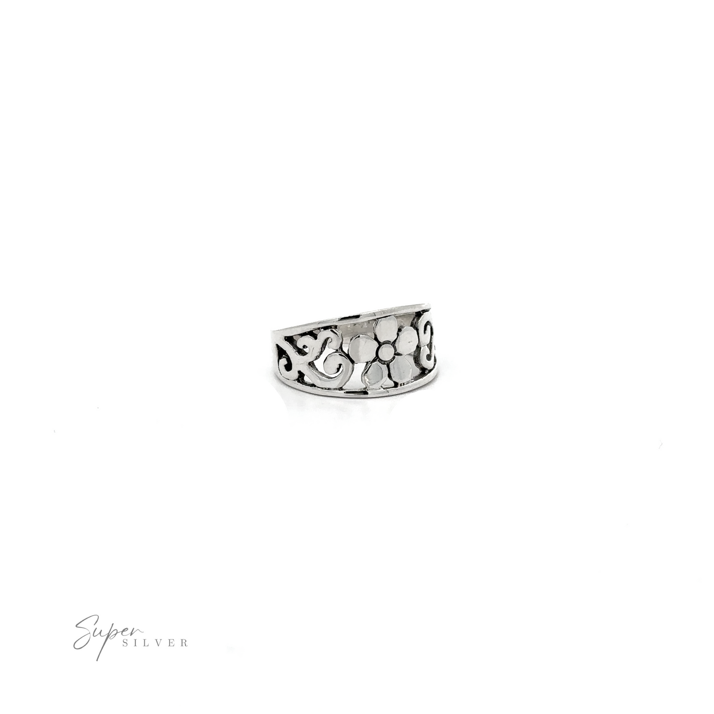 
                  
                    A .925 Sterling Silver Flower Ring With Tapered Band and Swirls.
                  
                