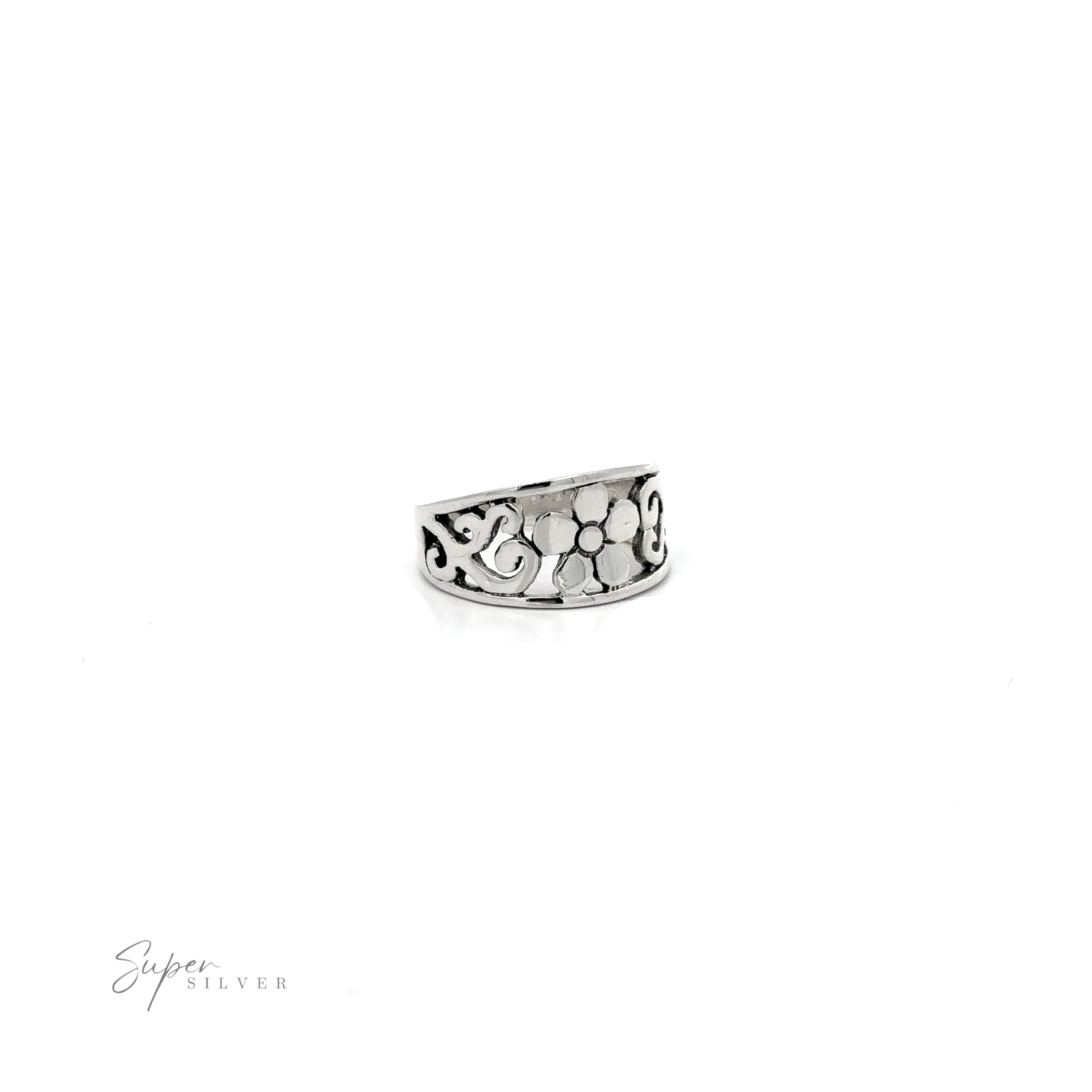 A .925 Sterling Silver Flower Ring With Tapered Band and Swirls.