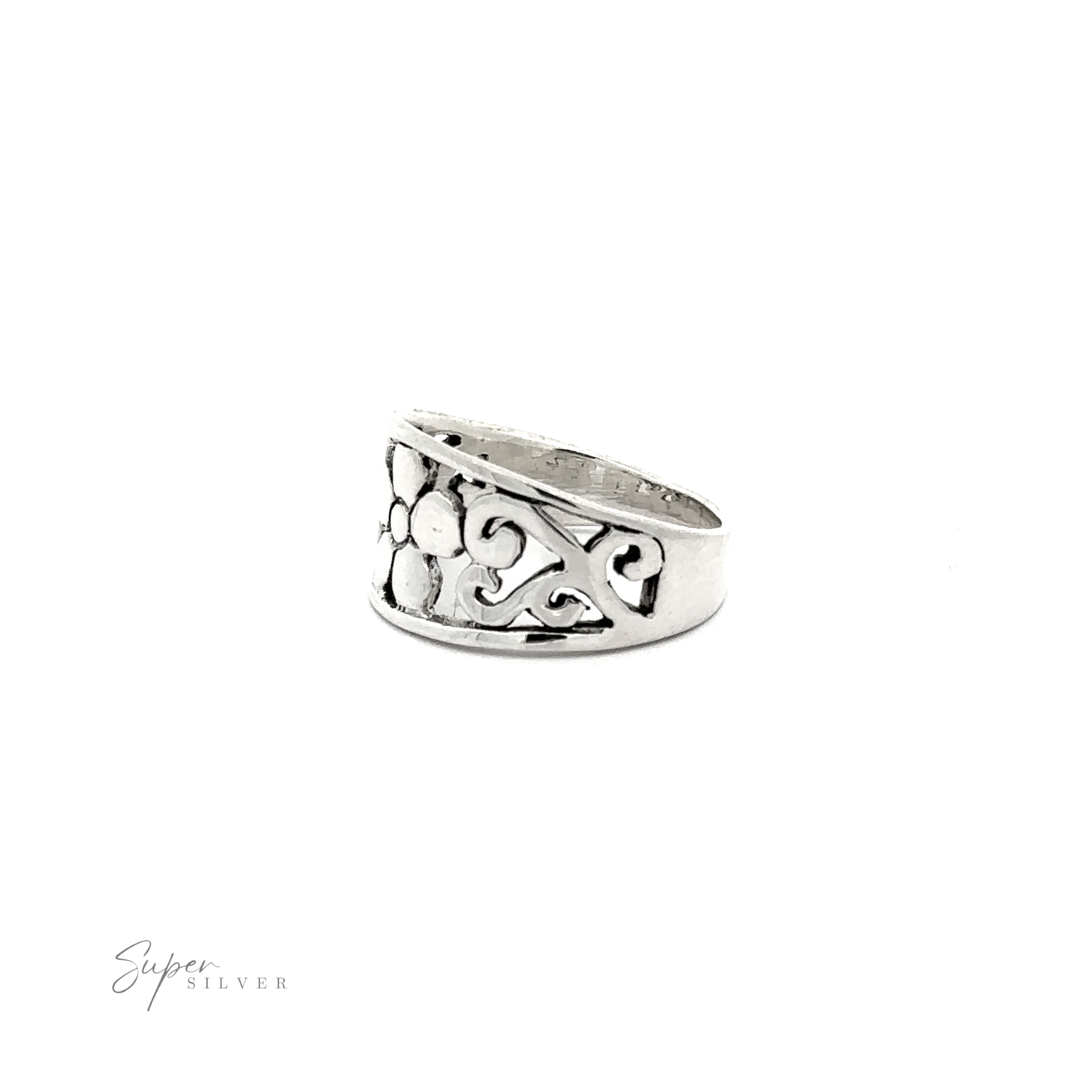 A Flower Ring With Tapered Band and Swirls with an ornate design.