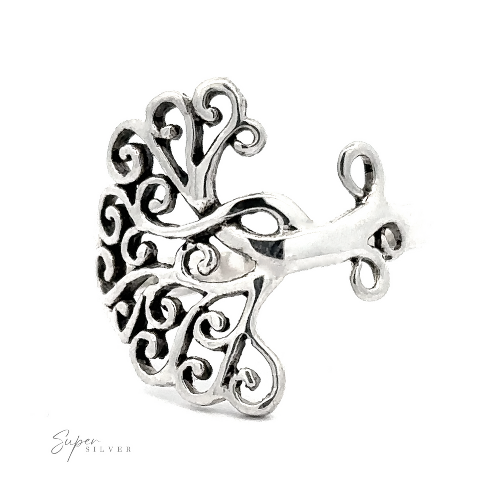 Swirly Tree Ring shaped like a heart with intricate filigree designs featuring swirls and branches, crafted from .925 Sterling Silver.