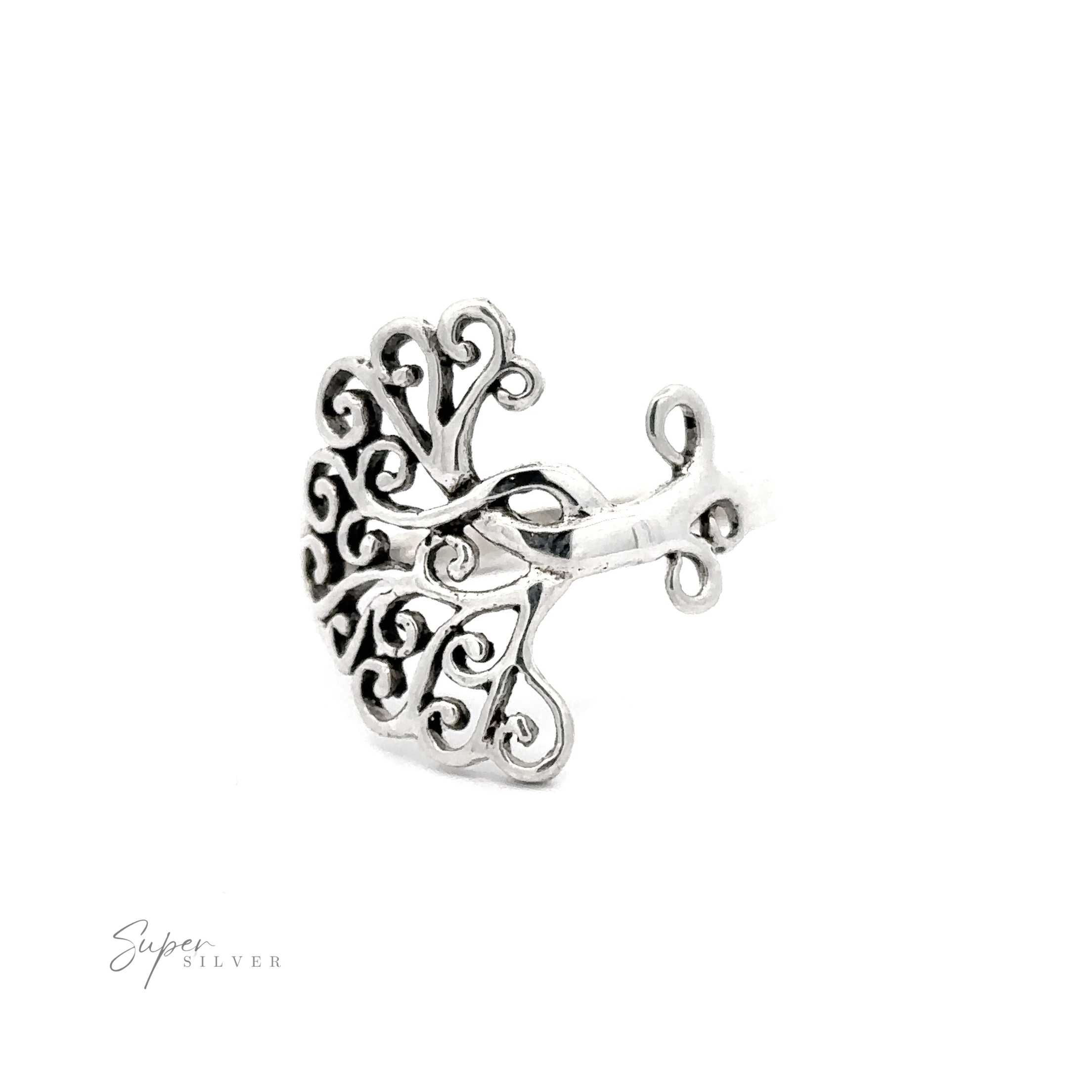 .925 Sterling Silver filigree Swirly Tree Ring pendant on a white background, featuring swirls and branches design.