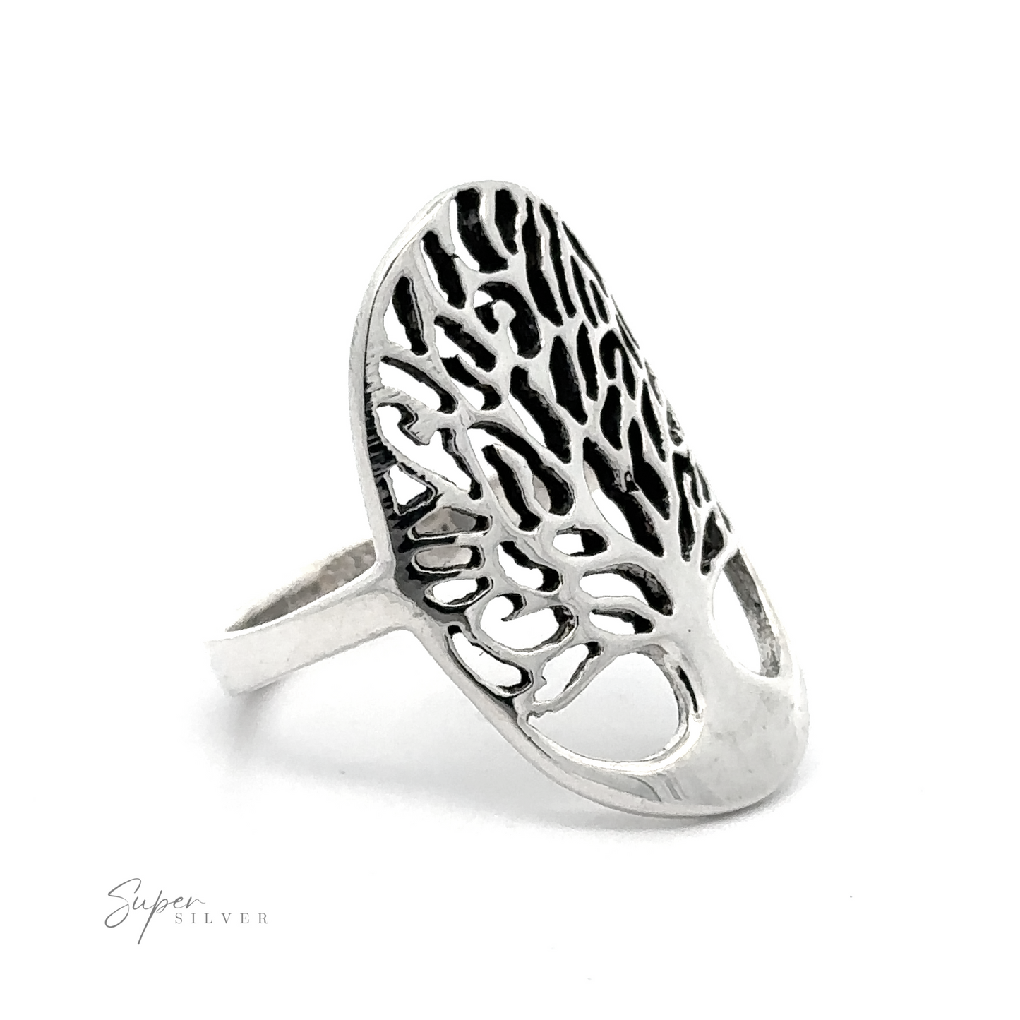 .925 Sterling Silver Oval Tree of Life ring with a filigree design.