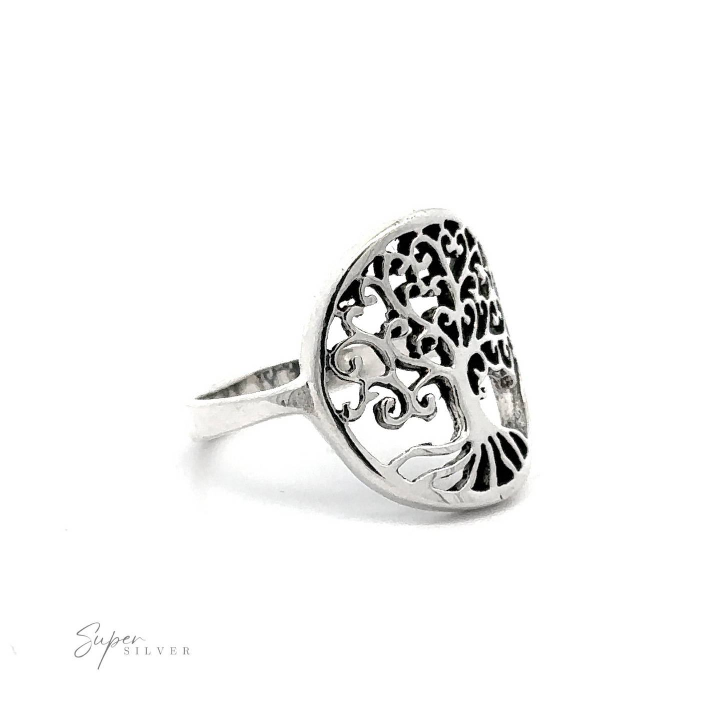 
                  
                    Swirling Tree of Life Ring with intricate Tree of Life filigree design on a white background.
                  
                