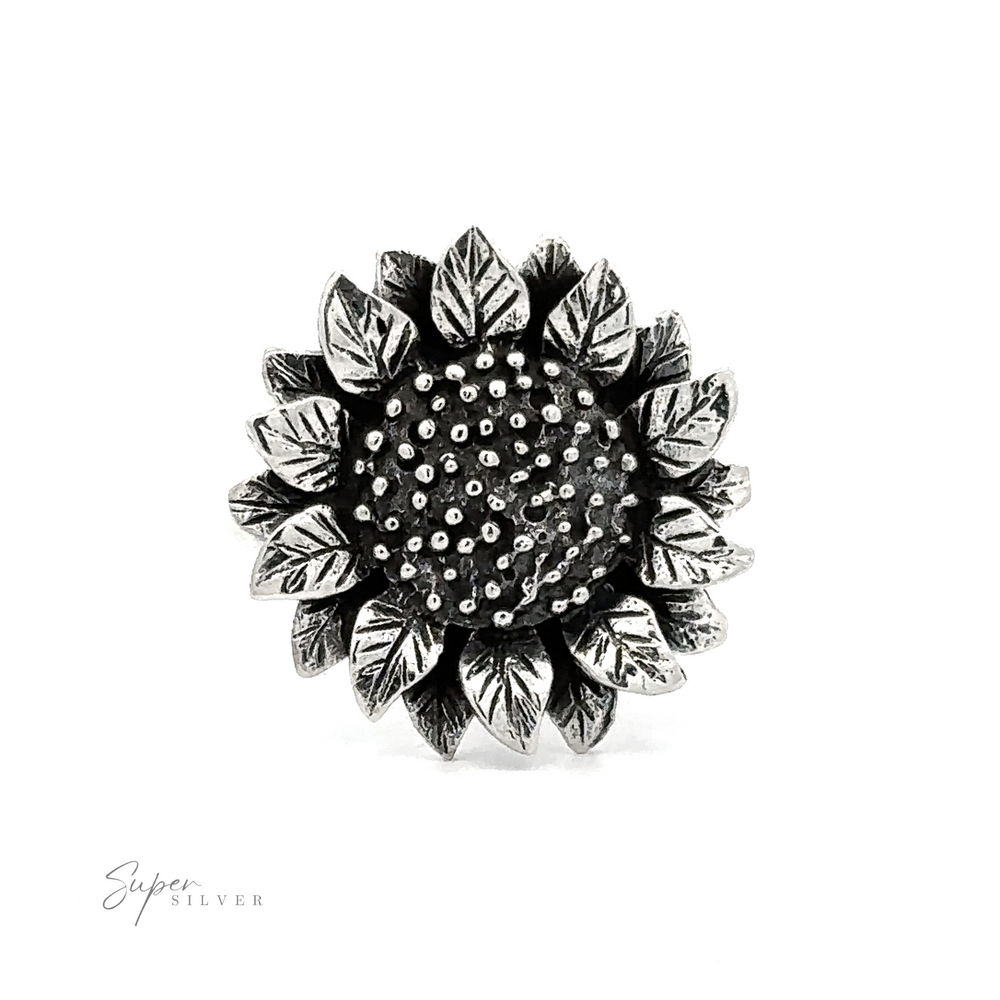 A Large Sunflower Ring featuring a textured center surrounded by detailed leaf patterns, isolated on a white background with a "super silver" signature.