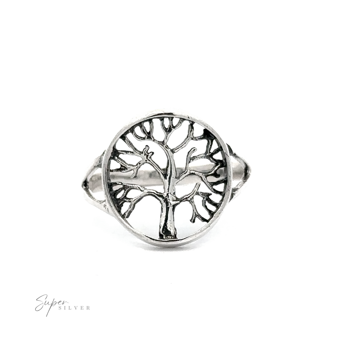 Tree Of Life Ring in .925 Sterling Silver on a white background.