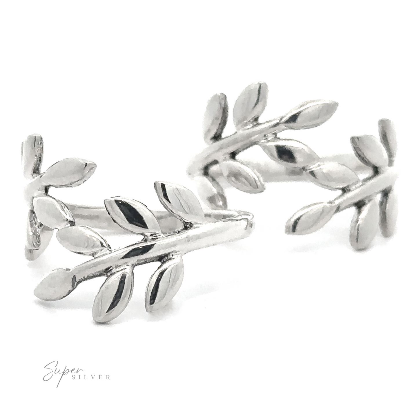 A pair of Overlapping Olive Branch Ring With Leaves displayed on a white background.