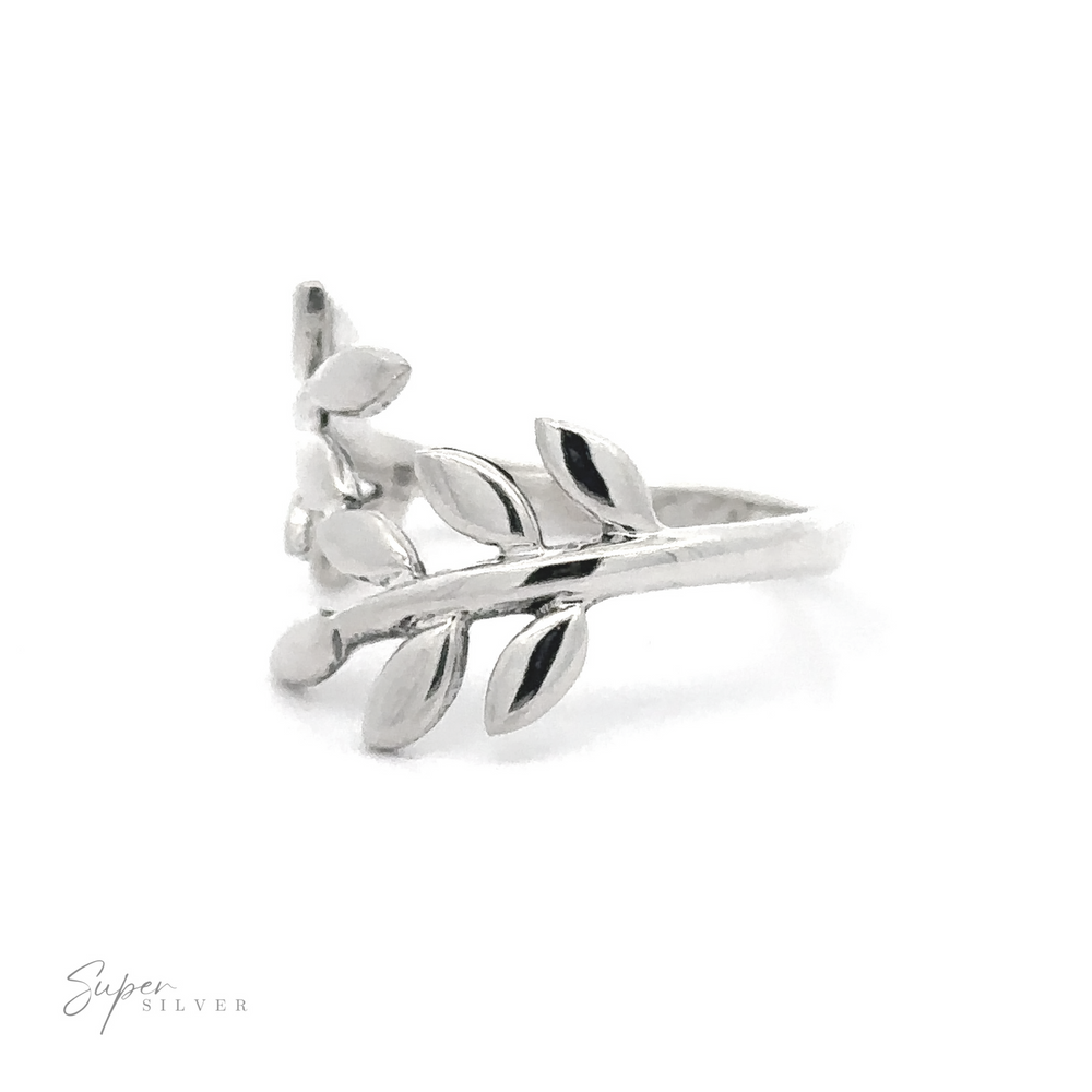 
                  
                    Overlapping Olive Branch Ring With Leaves .925 Sterling Silver ring on a white background with "super silver" text in the corner.
                  
                