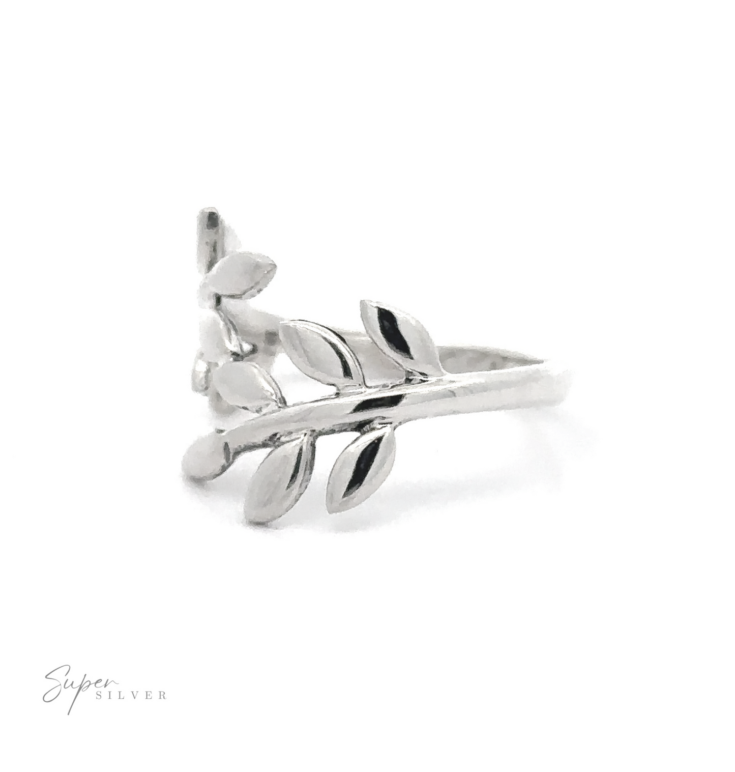 
                  
                    Overlapping Olive Branch Ring With Leaves .925 Sterling Silver ring on a white background with "super silver" text in the corner.
                  
                