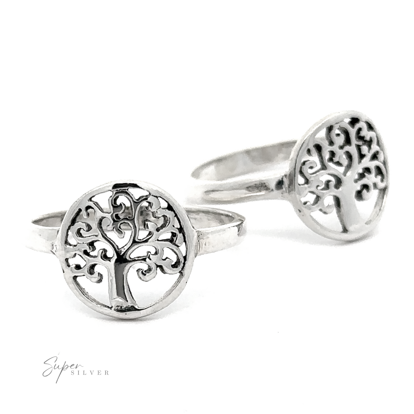 Two sterling silver Tree Of Life Ring With Swirling Branch Design.