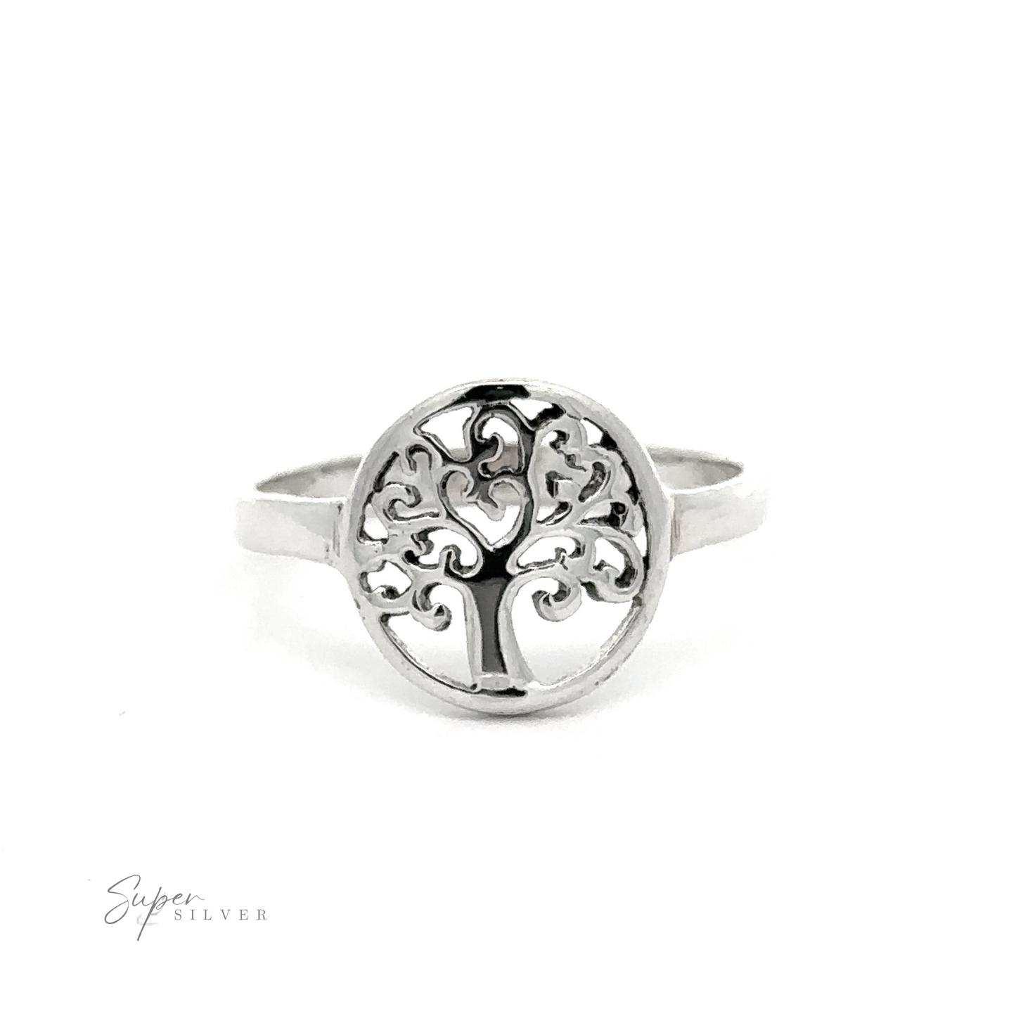 
                  
                    Sterling silver Tree of Life ring with swirling branch design on a white background.
                  
                