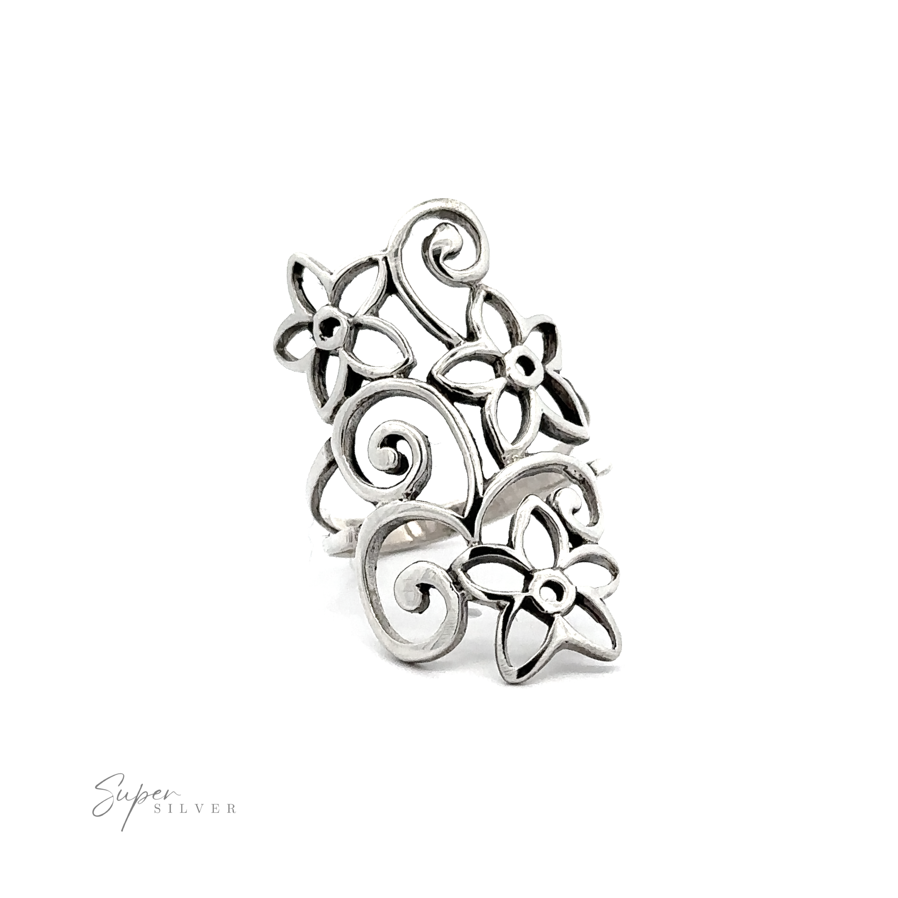 An elegant silver Flower With Vines Ring with floral filigree designs.