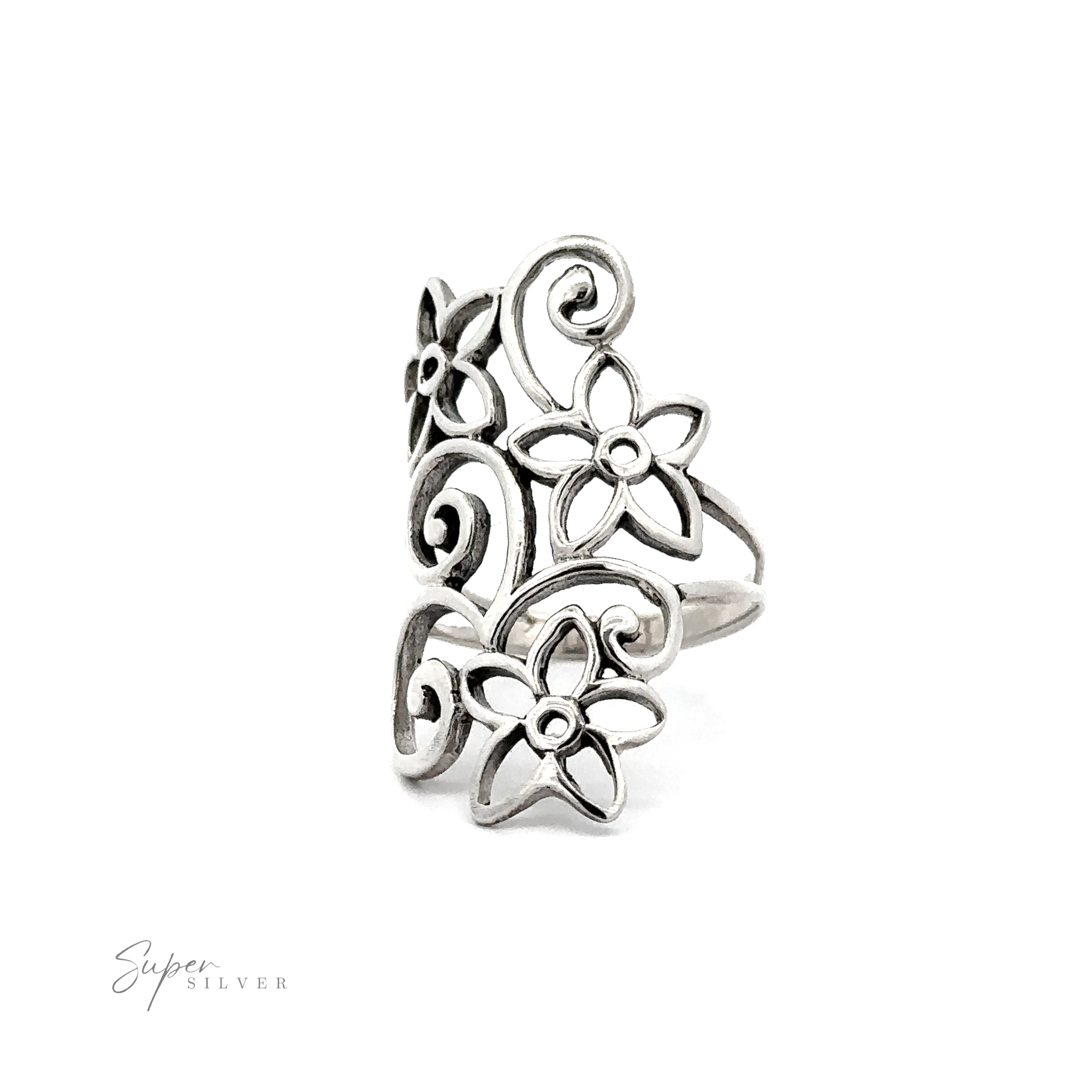 An elegant silver Flower With Vines Ring adorned with intricate floral designs, crafted from .925 sterling silver.