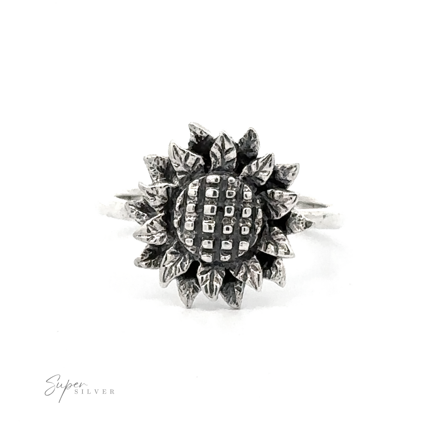 
                  
                    Silver Sunflower Ring featuring a detailed sunflower design with textured petals and a dotted center, displayed on a white background.
                  
                