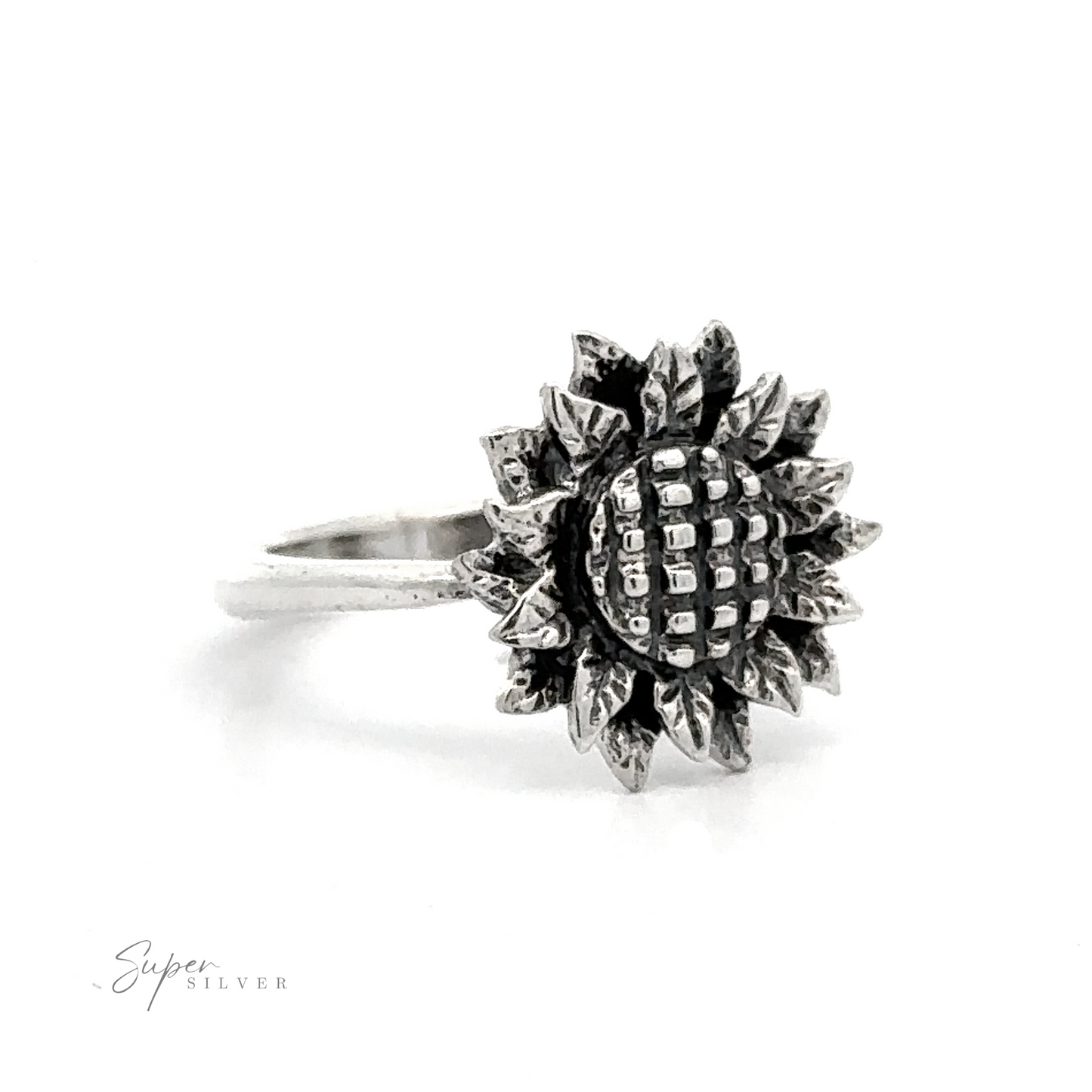 A Silver Sunflower Ring with detailed petals and textured center on a white background.