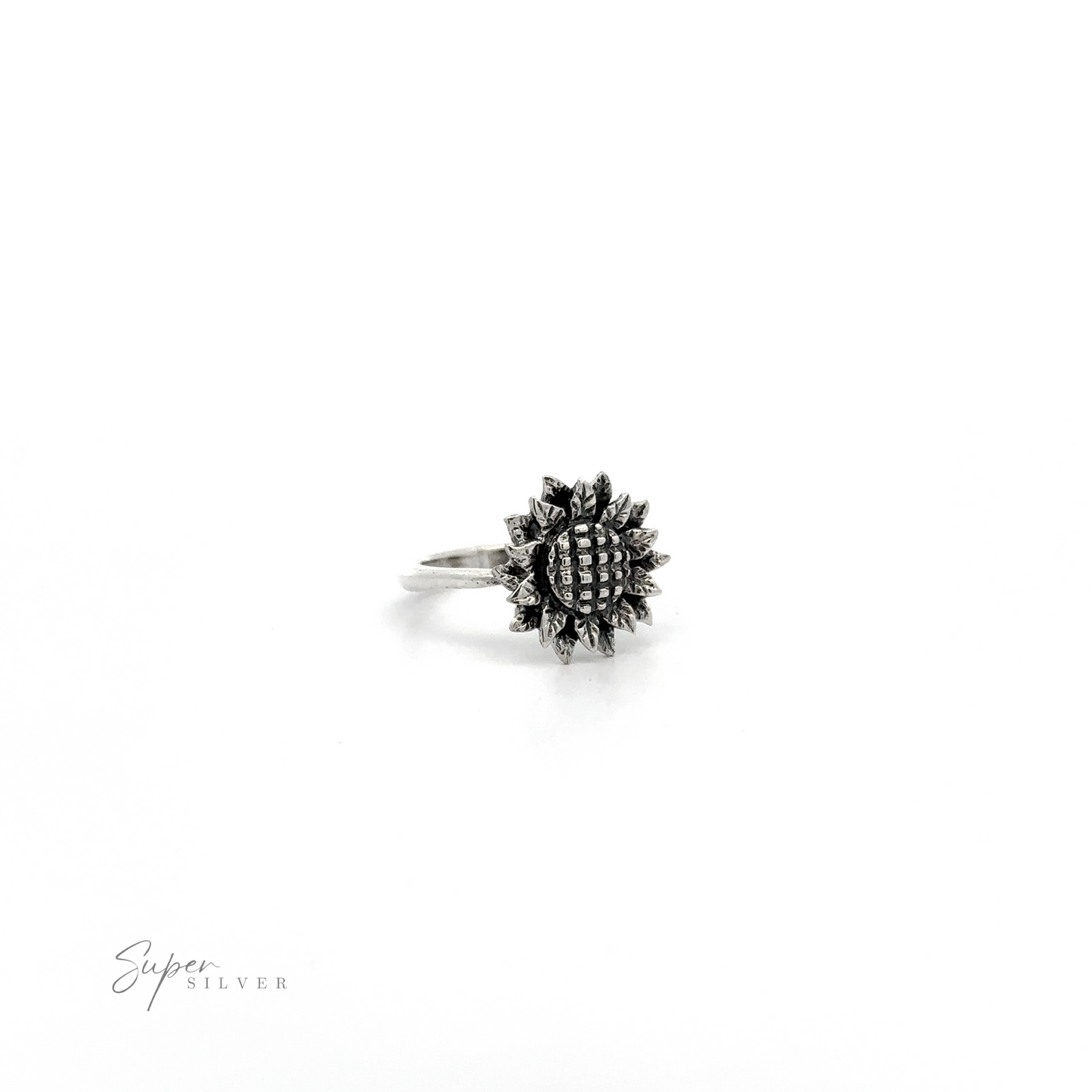 
                  
                    A Silver Sunflower Ring with intricate details, displayed on a white background with "super silver" written in script.
                  
                