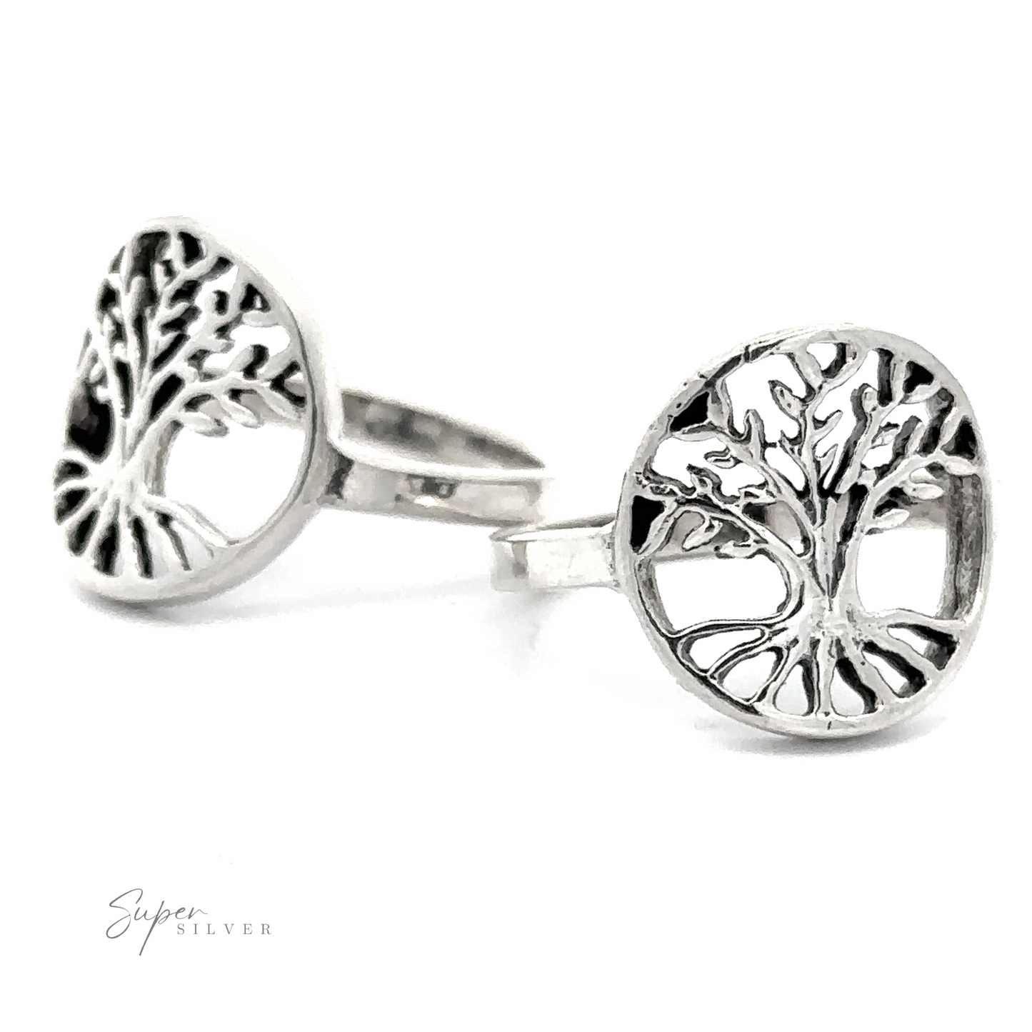 A pair of Tree of Life Rings displayed against a white background.