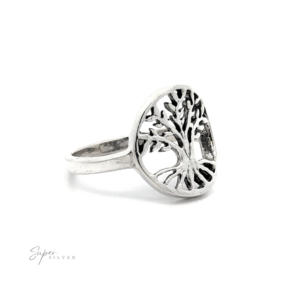 Sterling Silver Tree of Life Ring on white background.
