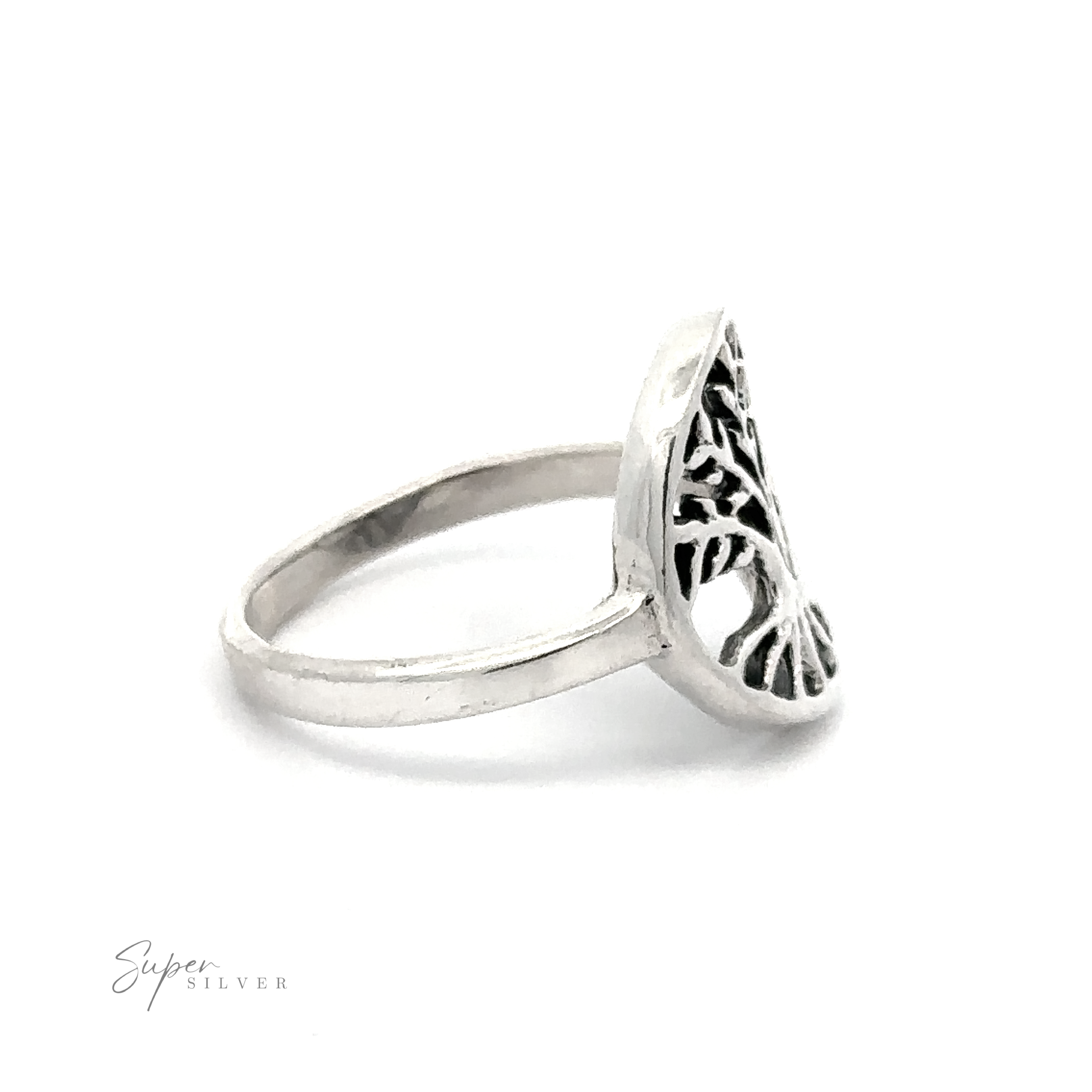Sterling silver Tree of Life Ring on white background.