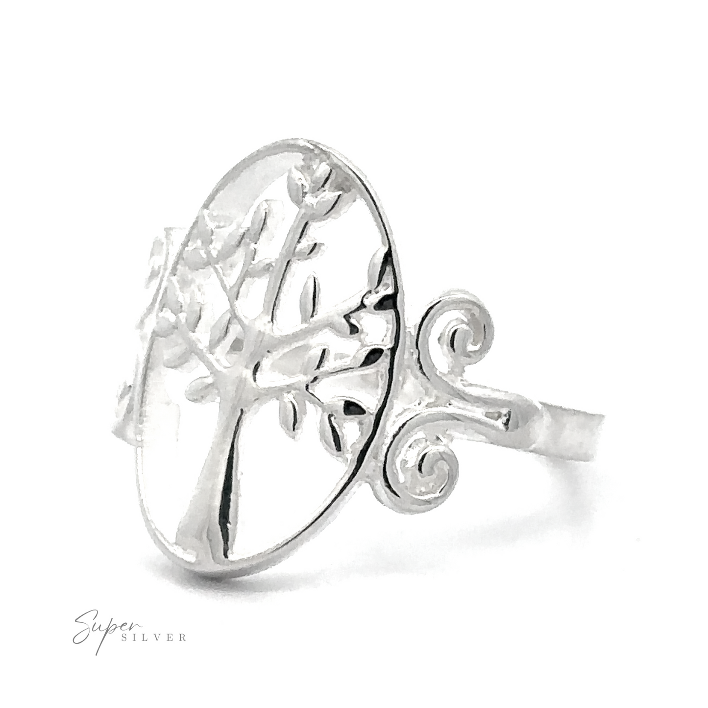 Elegant Silver Tree Ring with Oval Setting ring with a tree design on a white background.