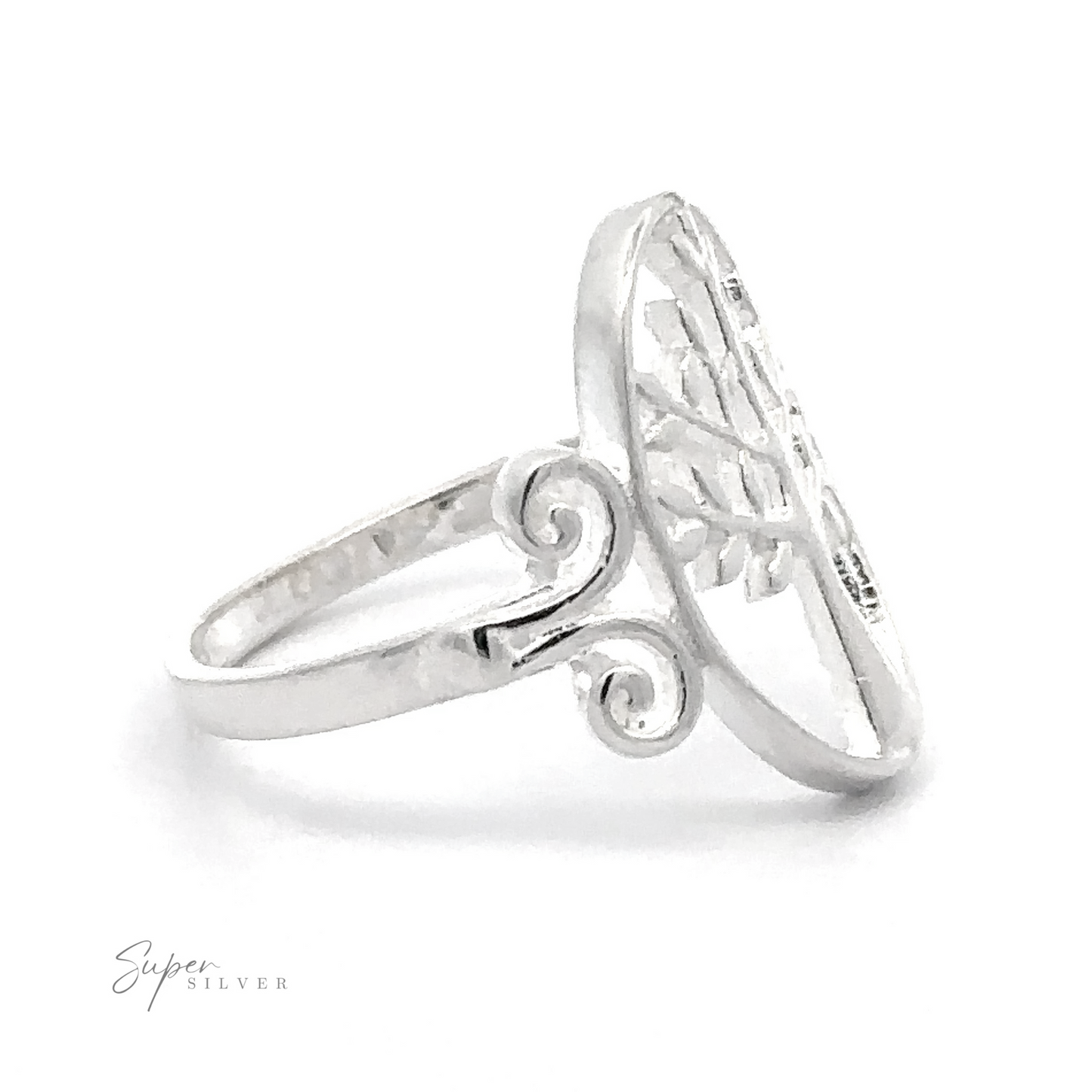 Elegant Silver Tree Ring with Oval Setting with filigree design on a white background.