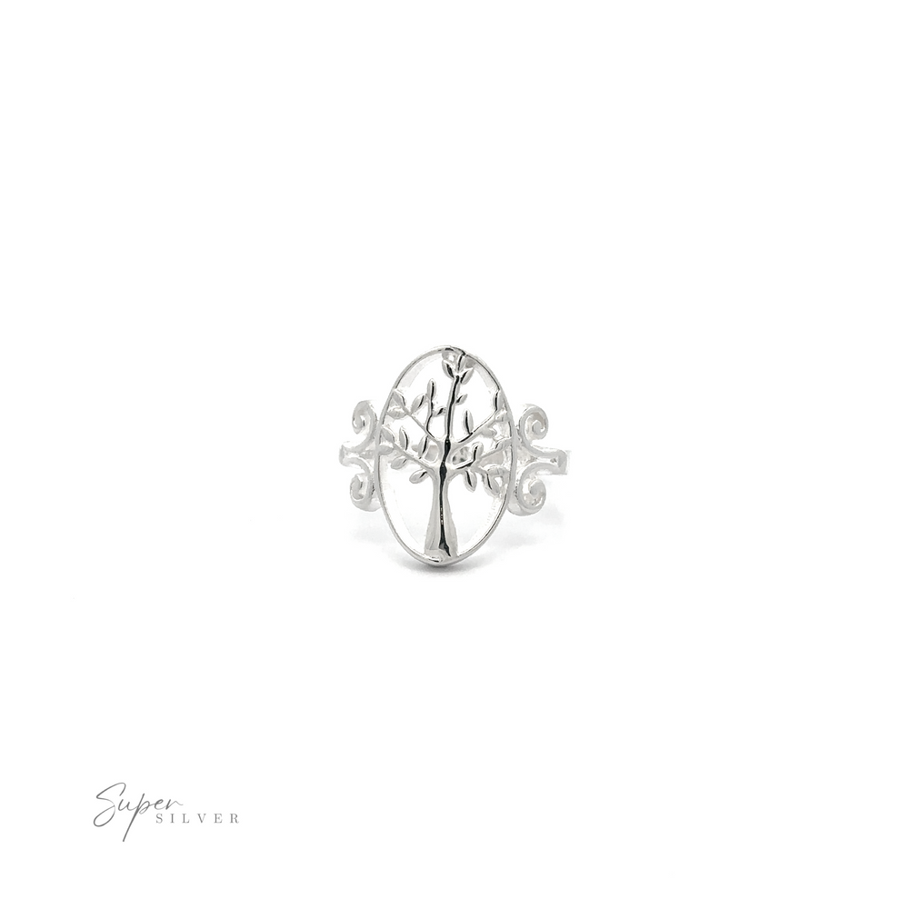 
                  
                    Elegant Silver Tree Ring with Oval Setting with tree design on a white background.
                  
                