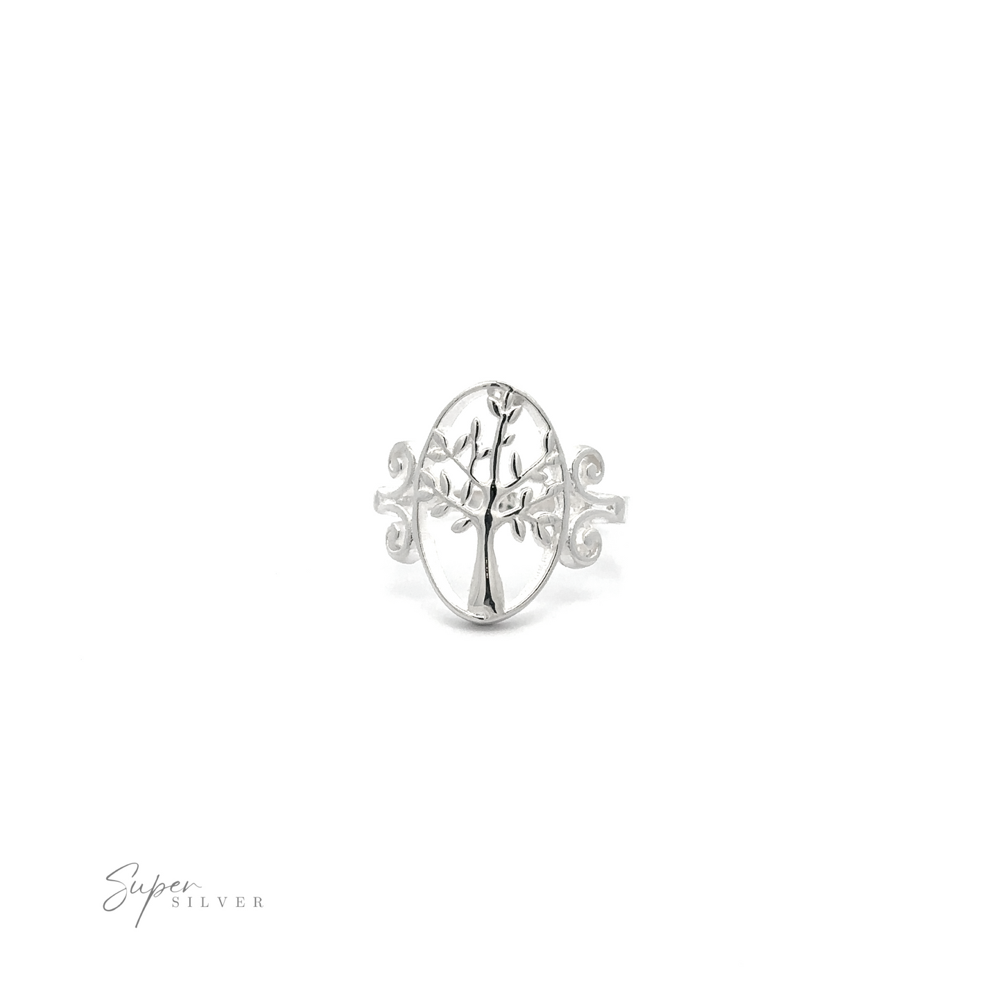 
                  
                    Elegant Silver Tree Ring with Oval Setting with tree design on a white background.
                  
                
