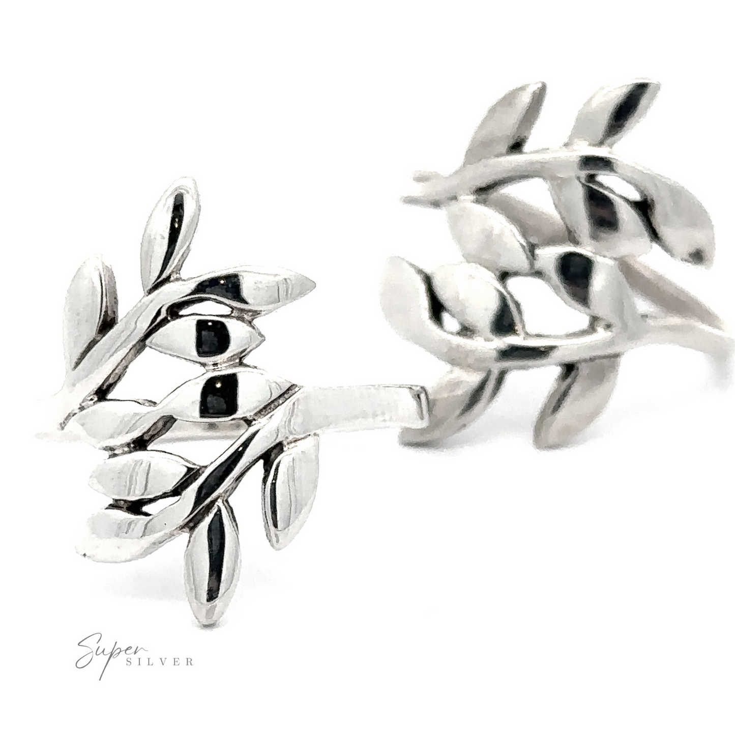 A pair of .925 sterling silver Olive Branch Ring earrings on a white background.