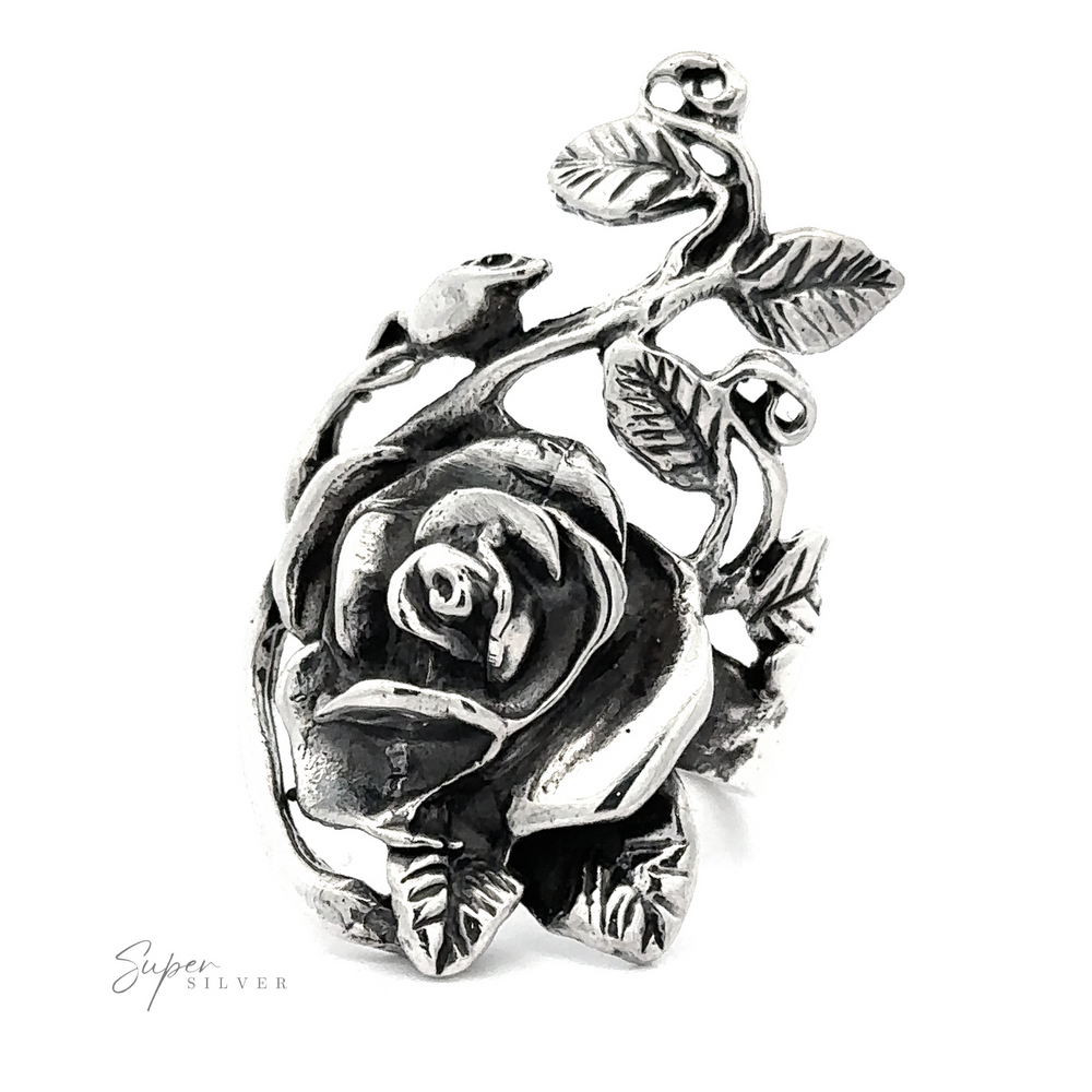 A striking rose and vine ring in the shape of a rose with leaves and a stem.
