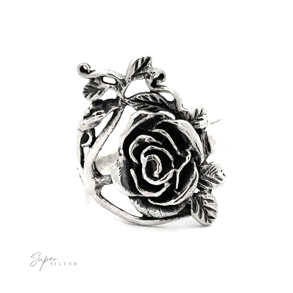 Sterling silver Climbing Rose Ring designed with a climbing rose and leaf motif.