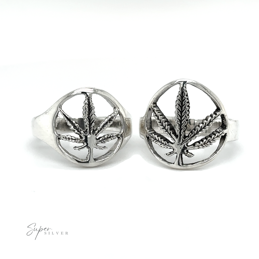 Embrace the flower power era with these Outlined Mary Jane Leaf Rings, featuring two silver rings adorned with marijuana leaves, exuding stoner vibes.