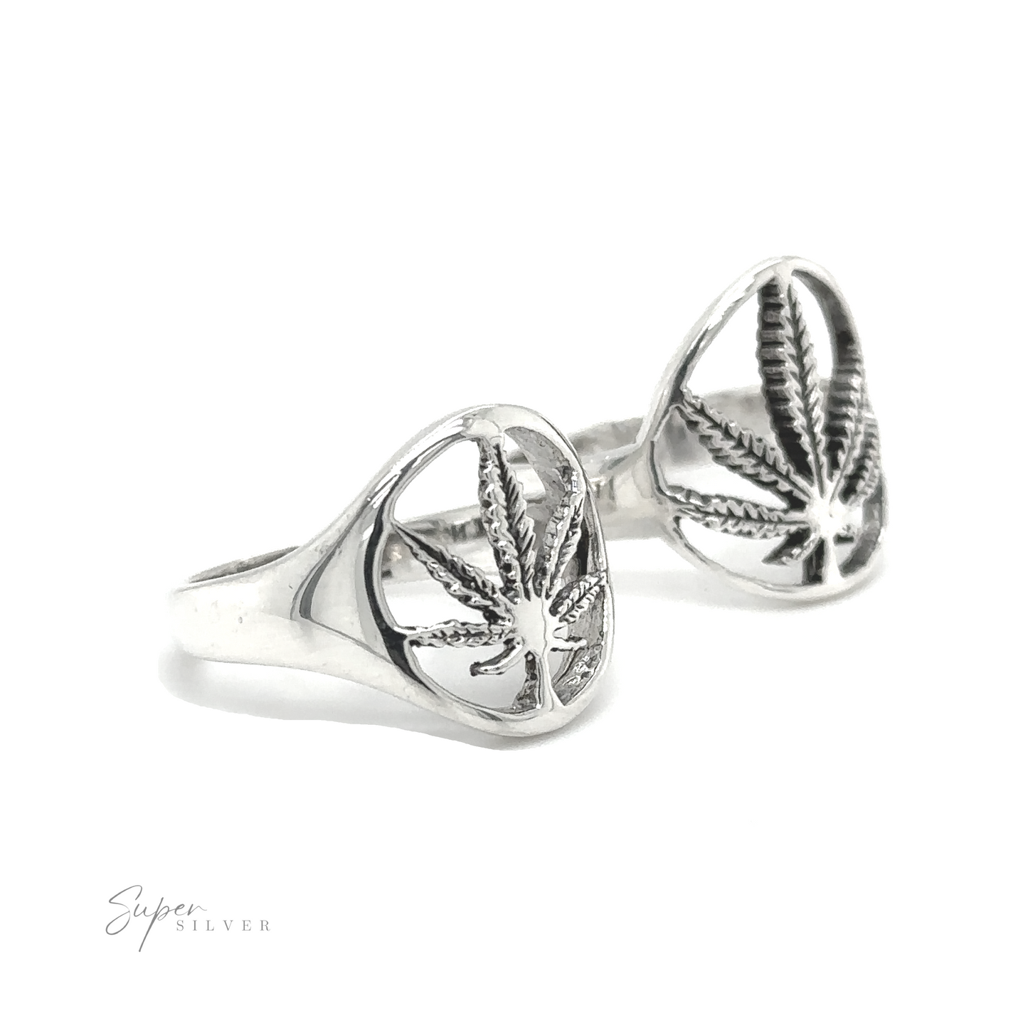 A pair of Outlined Mary Jane Leaf Rings with stoner vibes.