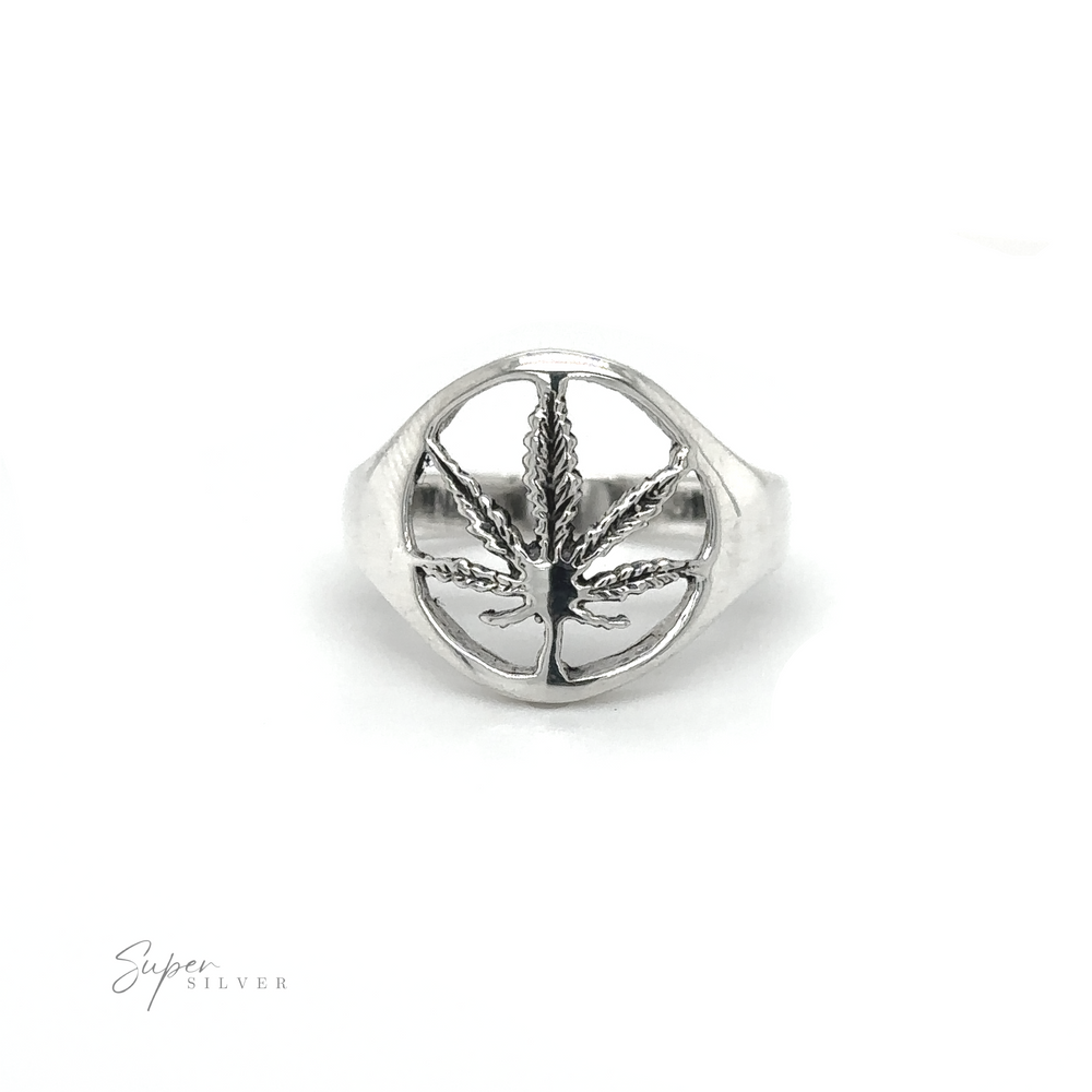 
                  
                    A silver Outlined Mary Jane Leaf Ring exuding stoner vibes from the flower power era.
                  
                