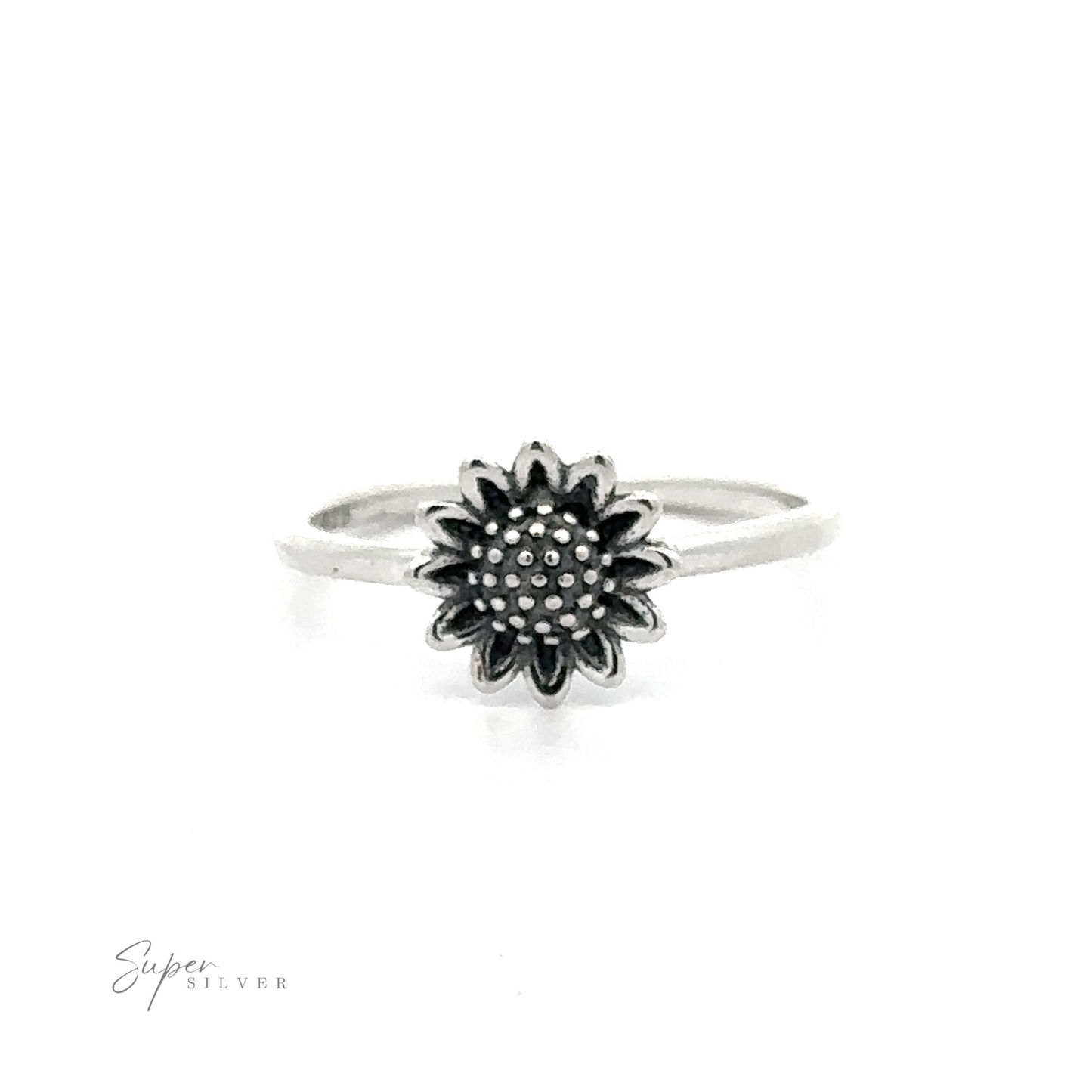 A Sterling Silver Sunflower Ring on a white background.