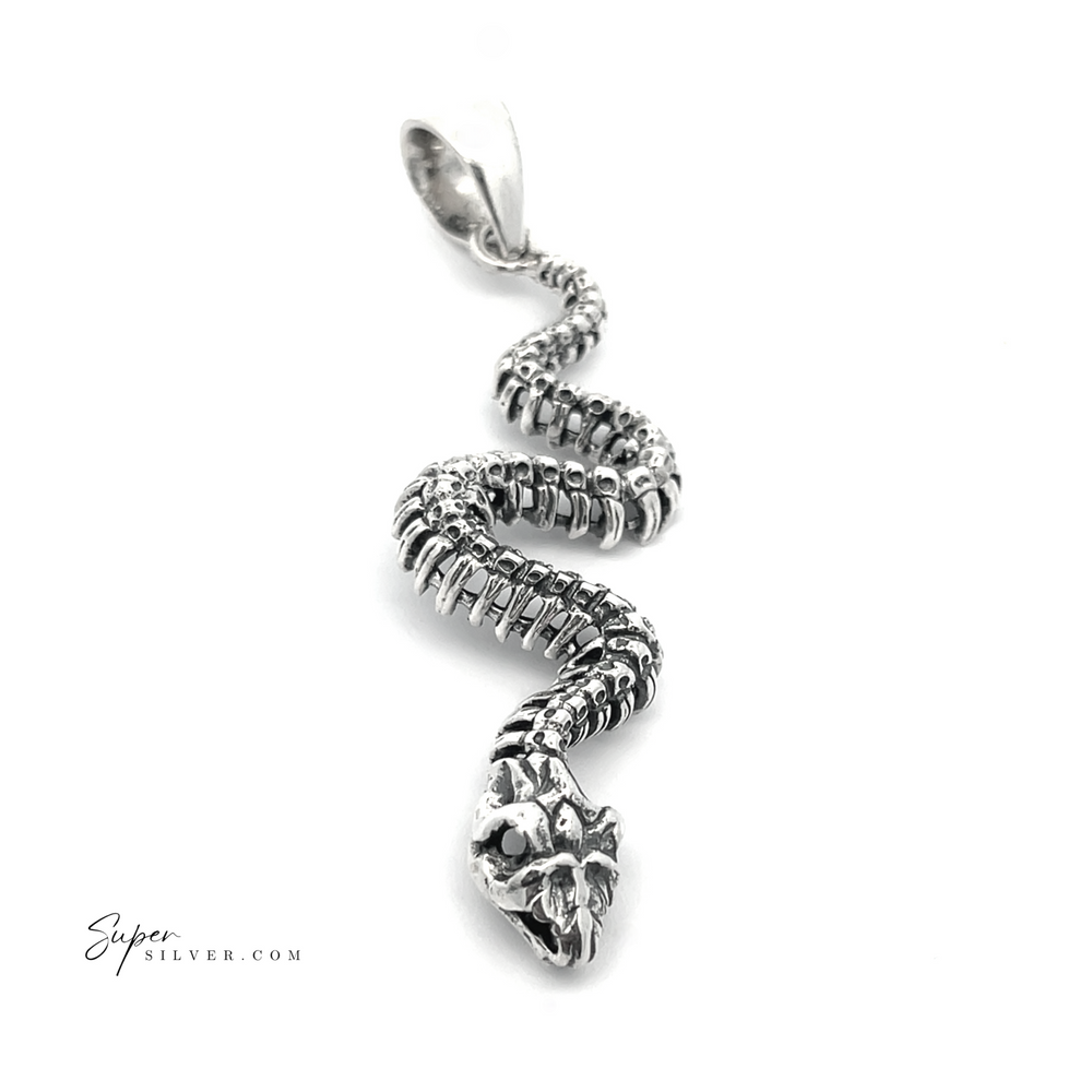 Presenting the Haunting Snake Skeleton Pendant from our artisan collection, featuring a silver design with intricately detailed scales and an open mouth. This striking piece captures the essence of transformation jewelry, set against a pristine white background to elegantly blend sophistication with symbolism.