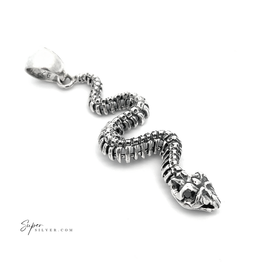 The Haunting Snake Skeleton Pendant showcases a striking silver snake-shaped design, complete with intricate scales and an open mouth, beautifully embodying the essence of transformation jewelry. Presented on a plain white background, it elegantly symbolizes the cycle of renewal and change.