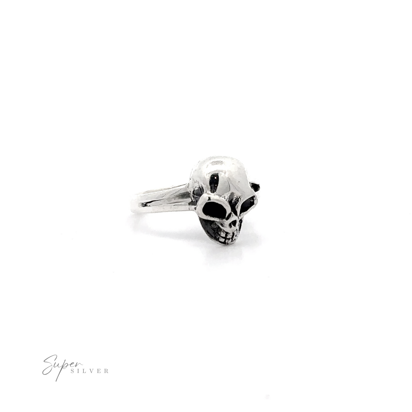 
                  
                    A "Silver Skull Ring" with detailed eye sockets and nasal cavity, centered on a white background. The brand "super silver" is subtly inscribed below.
                  
                