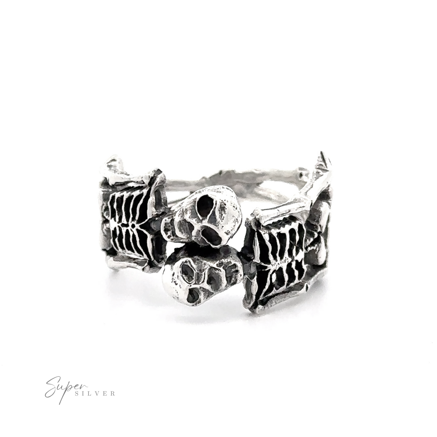 
                  
                    Sentence with replaced product name: Sterling Silver Skeleton Ring designed with a series of skeleton and bone motifs, displayed on a white background.
                  
                