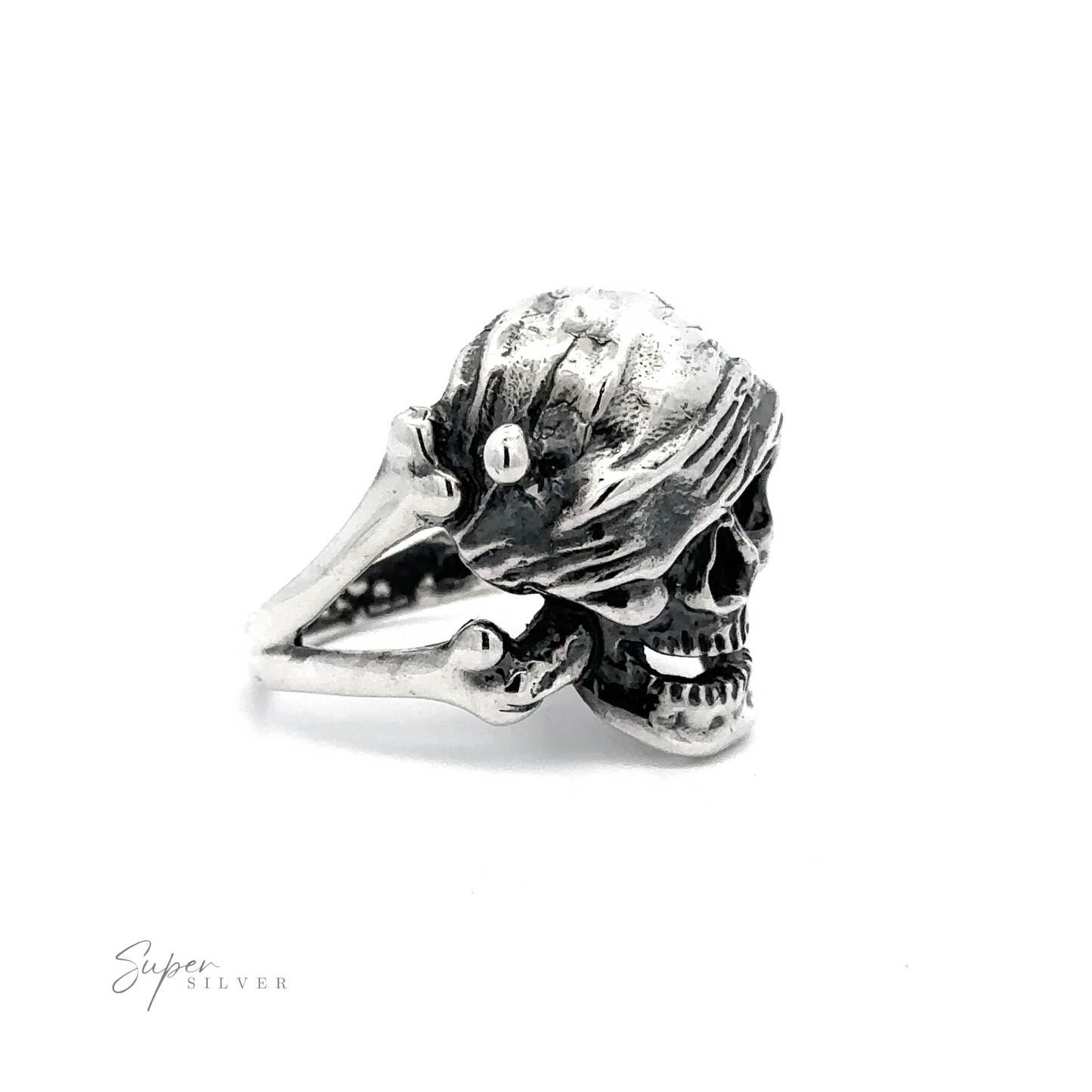 Large Pirate Skull And Crossbones Ring shaped like a pirate skull with detailed textures and eye sockets, displayed against a white background with branded signature "super silver.