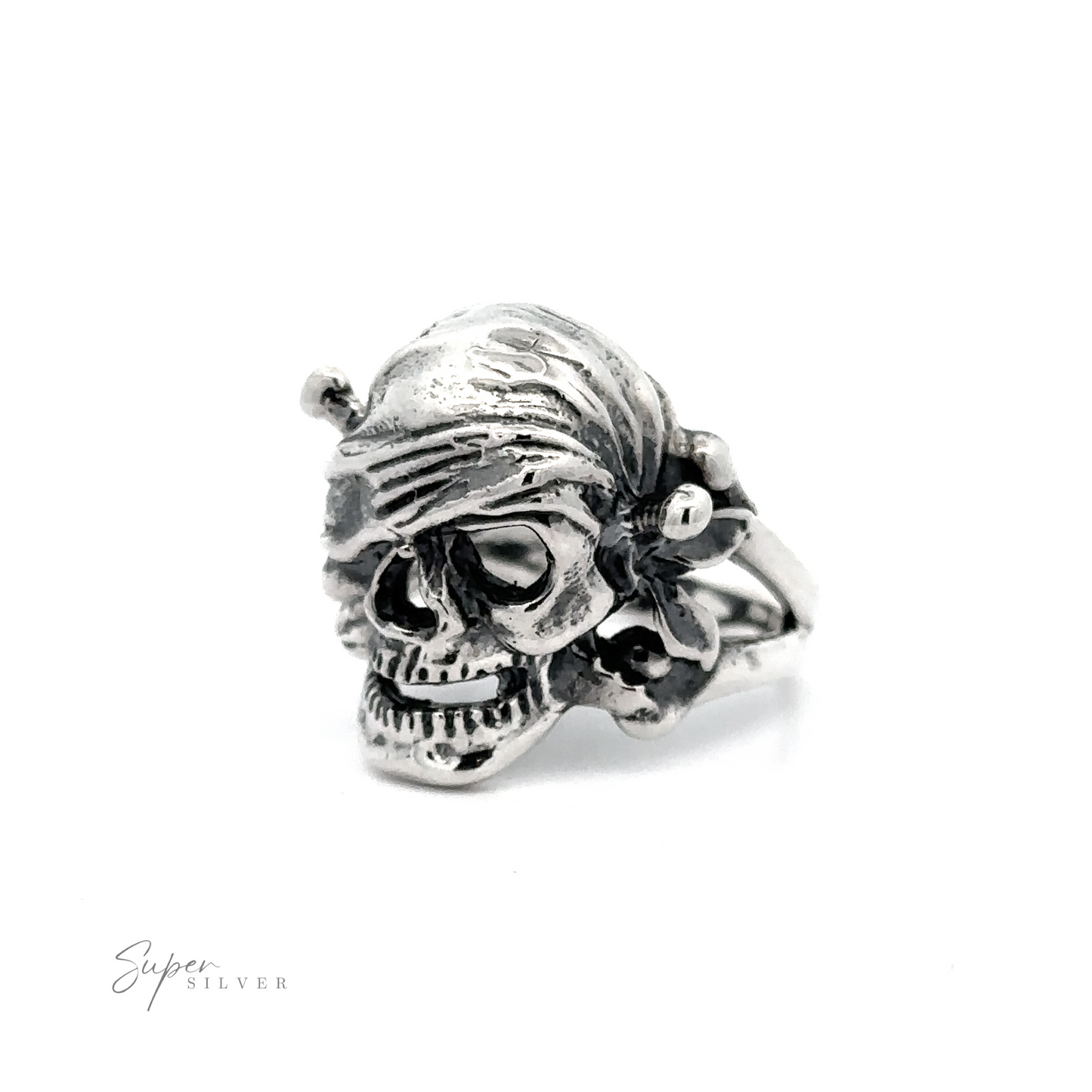 
                  
                    A Large Pirate Skull And Crossbones Ring with intricate details and polished finish, displayed on a white background.
                  
                
