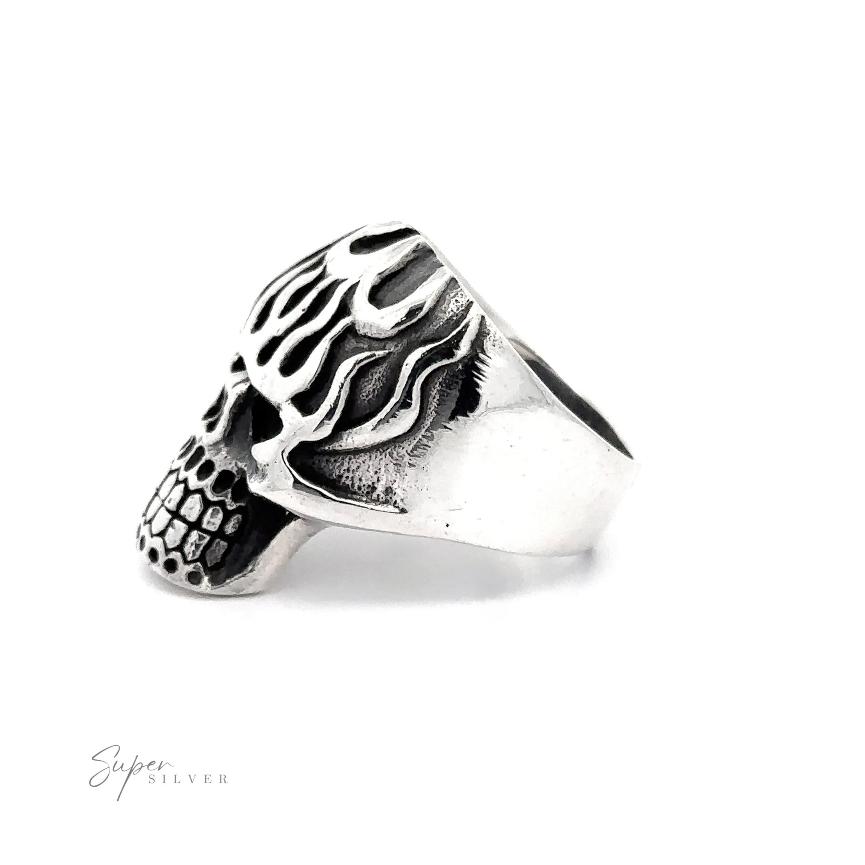 Flaming Skull Statement Ring in the shape of a skull with flame details, crafted from .925 Sterling Silver. The "Super Silver" logo is present in the bottom left corner.