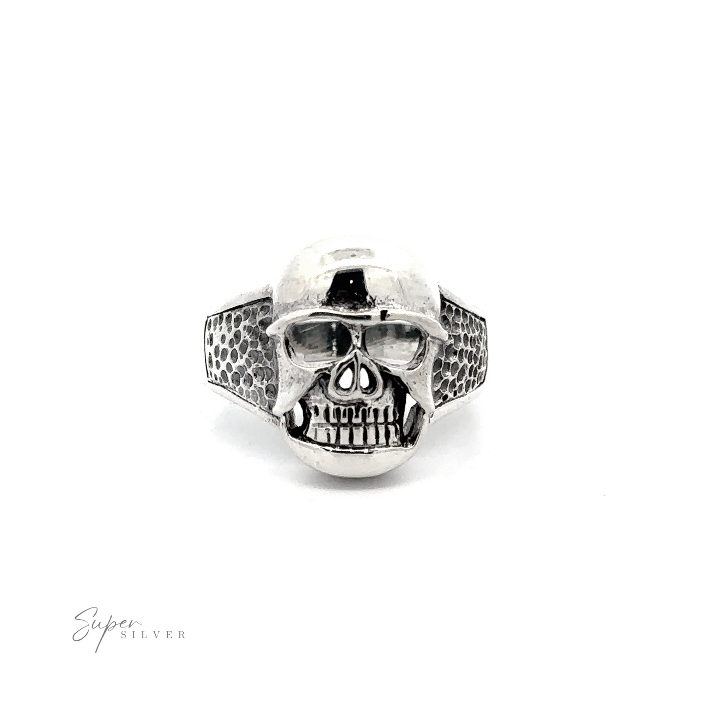 This edgy jewelry piece is a stunning Skull Statement Ring, featuring a skull design with detailed textures on the sides.