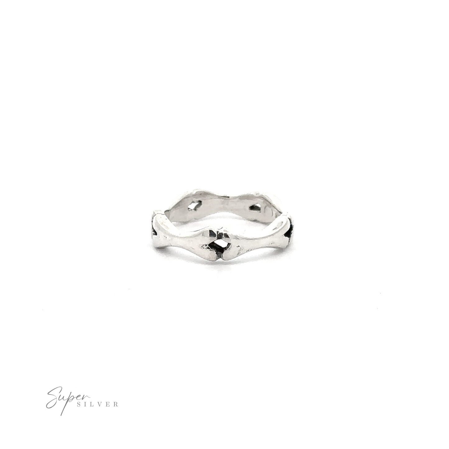 
                  
                    Silver Bones band ring with irregular, wavy edges displayed on a white background with the signature ".925 Sterling Silver" at the bottom.
                  
                