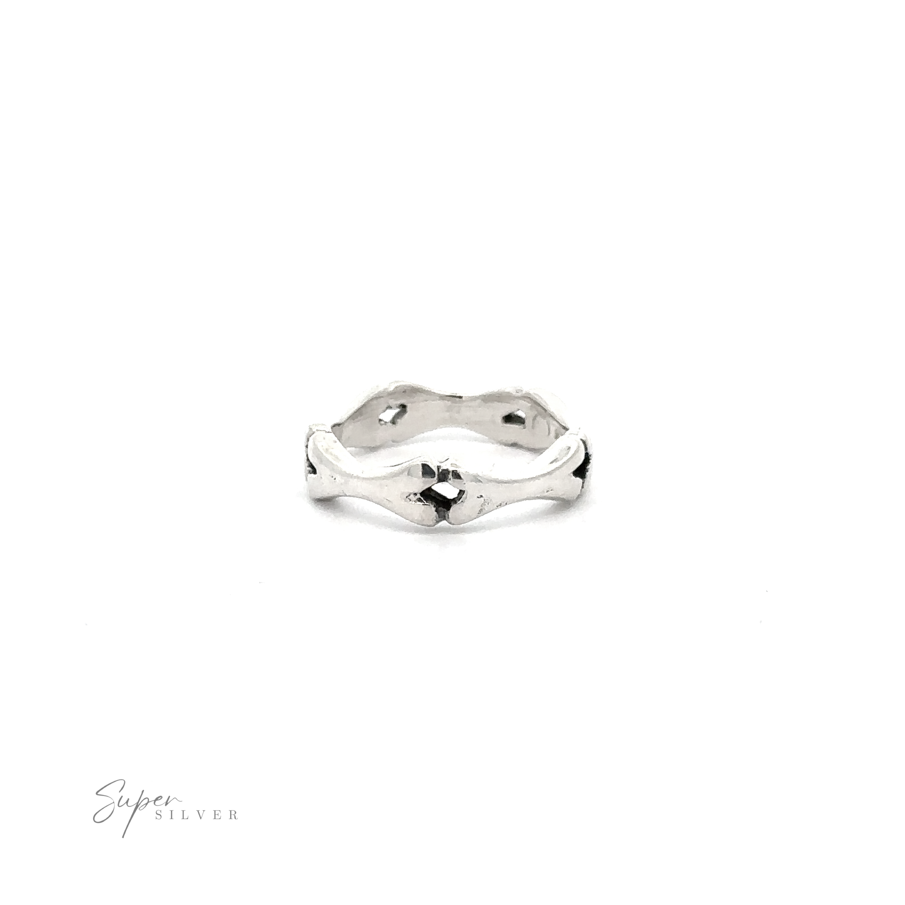 Silver Bones band ring with irregular, wavy edges displayed on a white background with the signature ".925 Sterling Silver" at the bottom.