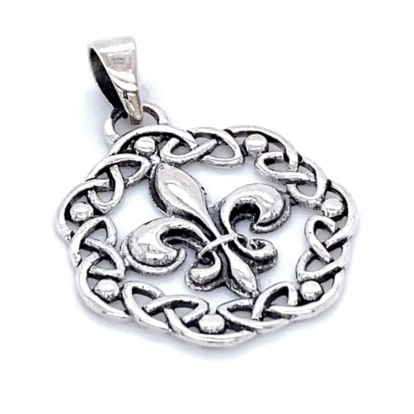 A Fleur De Lis Charm With Celtic Weave featuring a striking fleur-de-lis symbol, elegantly encased in an intricate Celtic knot frame.