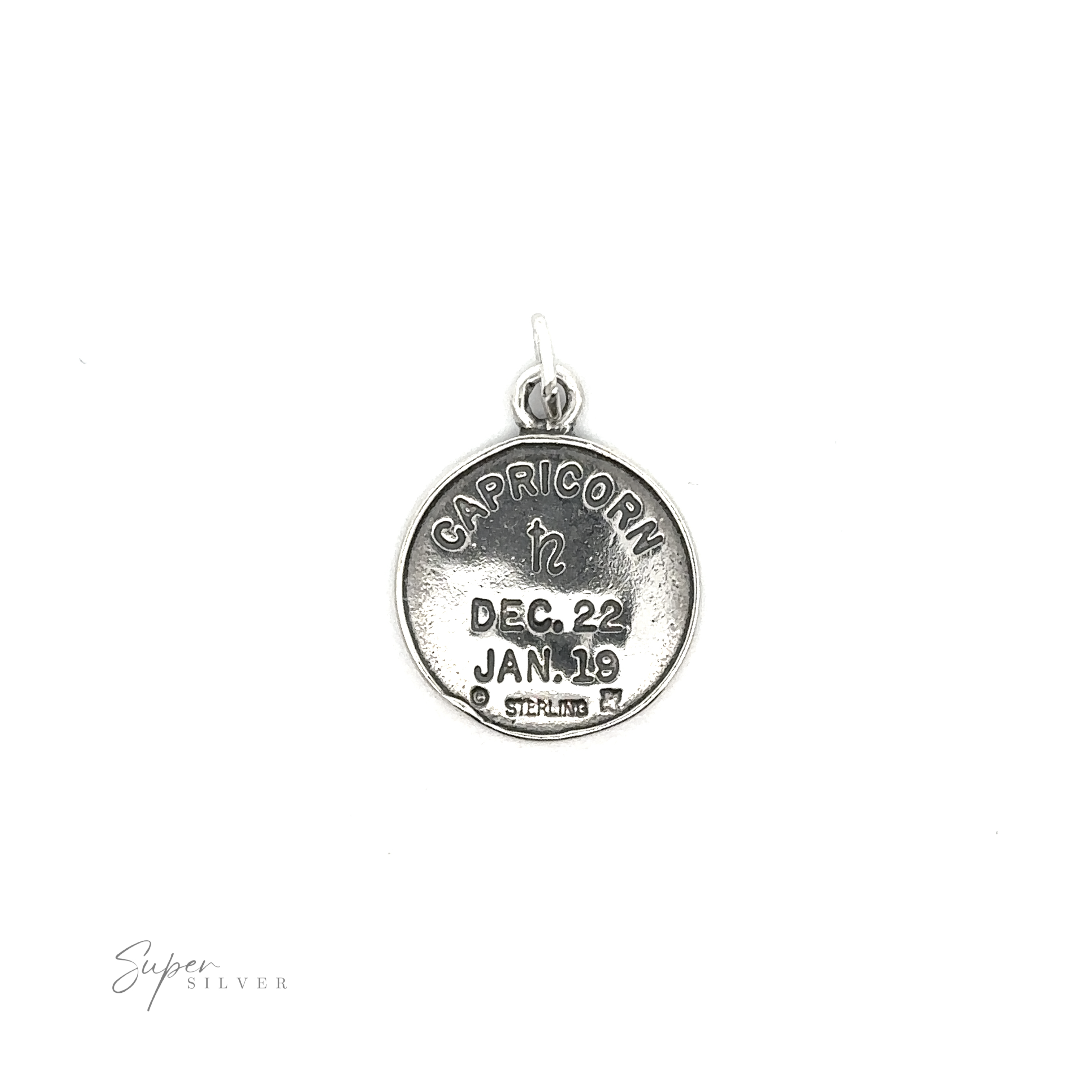 Sterling silver Zodiac Sign Medallion Charms with Capricorn zodiac sign and dates December 22 - January 19 inscribed.