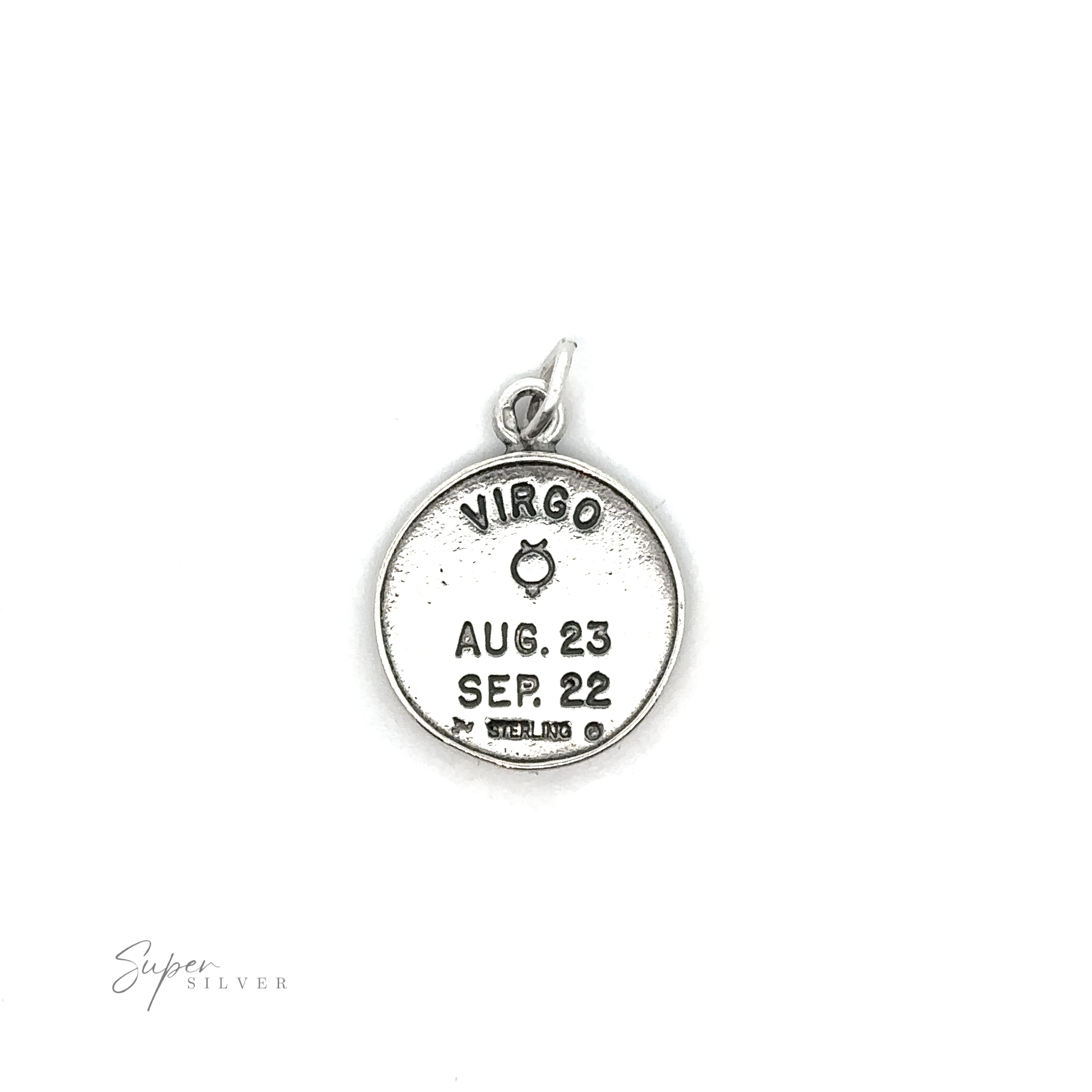 Sterling silver Zodiac Sign Medallion Charms with Virgo date range and symbol.