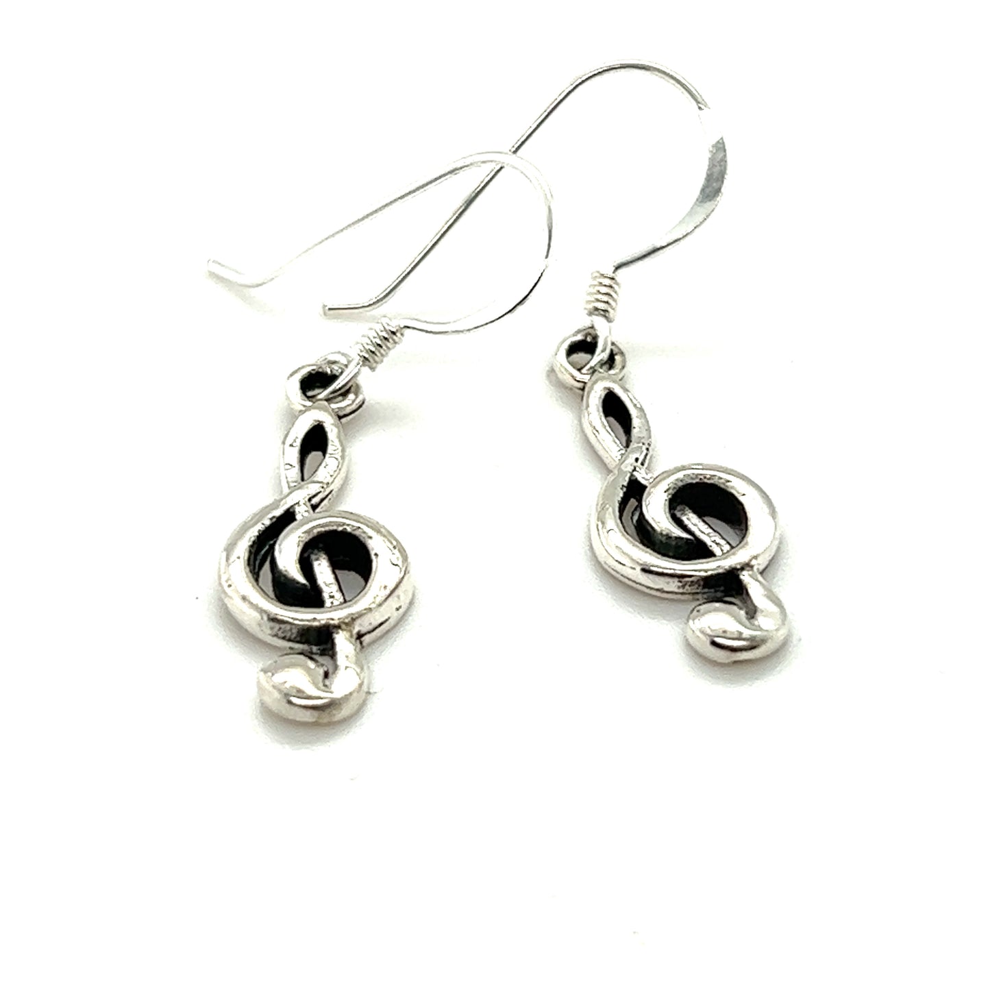 
                  
                    A pair of Super Silver Treble Dangling Earrings on a white background, perfect for music enthusiasts and musicians.
                  
                